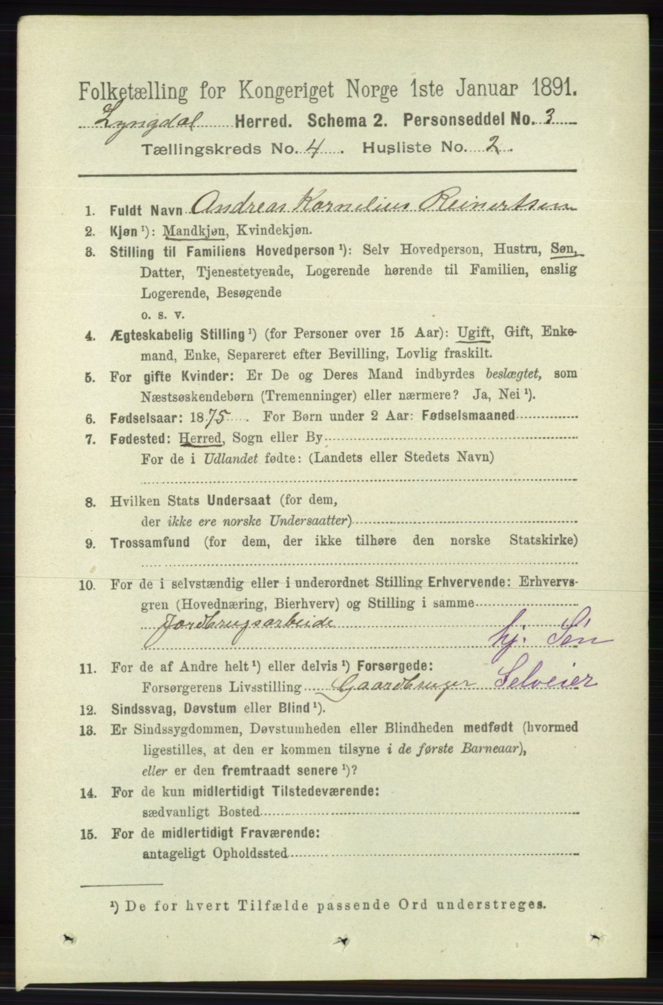 RA, 1891 census for 1032 Lyngdal, 1891, p. 1434