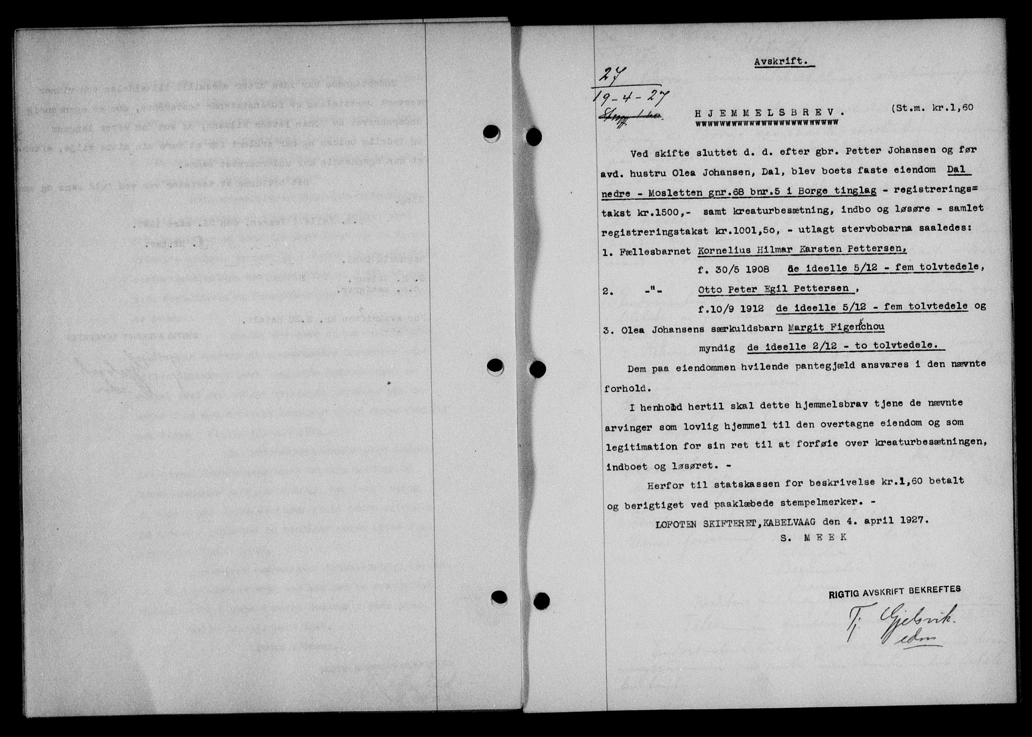 Lofoten sorenskriveri, AV/SAT-A-0017/1/2/2C/L0015b: Mortgage book no. 15b, 1927-1927, Deed date: 19.04.1927