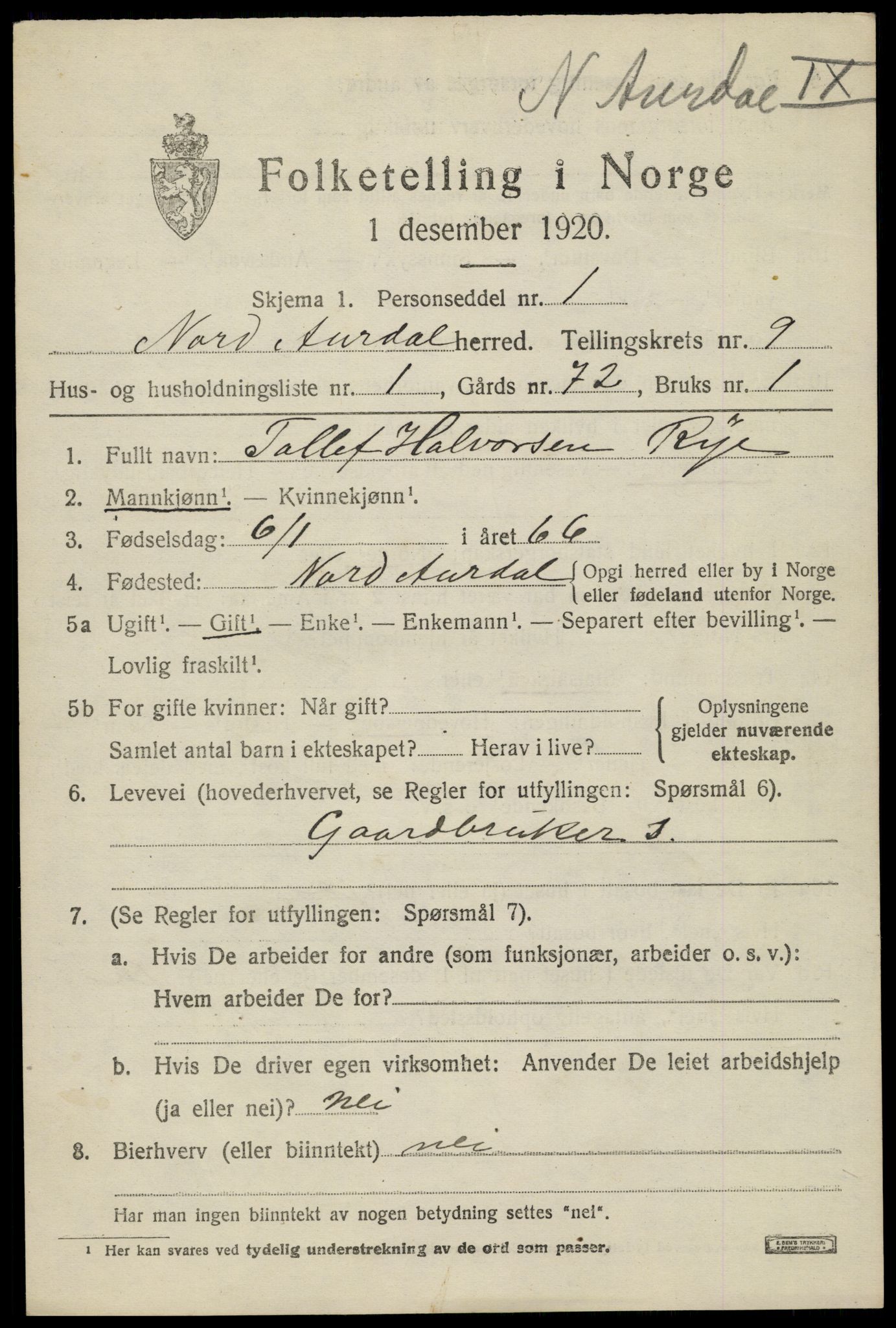 SAH, 1920 census for Nord-Aurdal, 1920, p. 7540