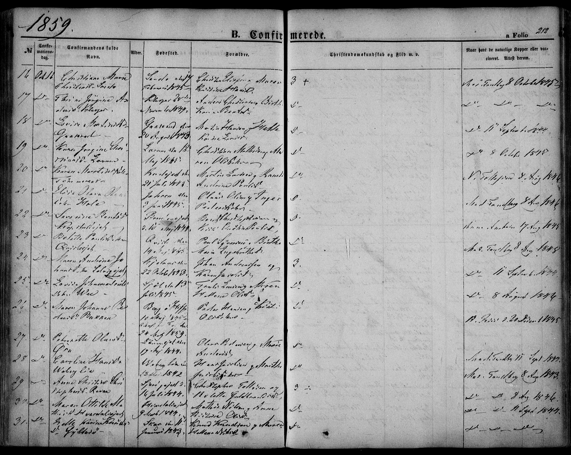 Sande Kirkebøker, AV/SAKO-A-53/F/Fa/L0004: Parish register (official) no. 4, 1847-1864, p. 212