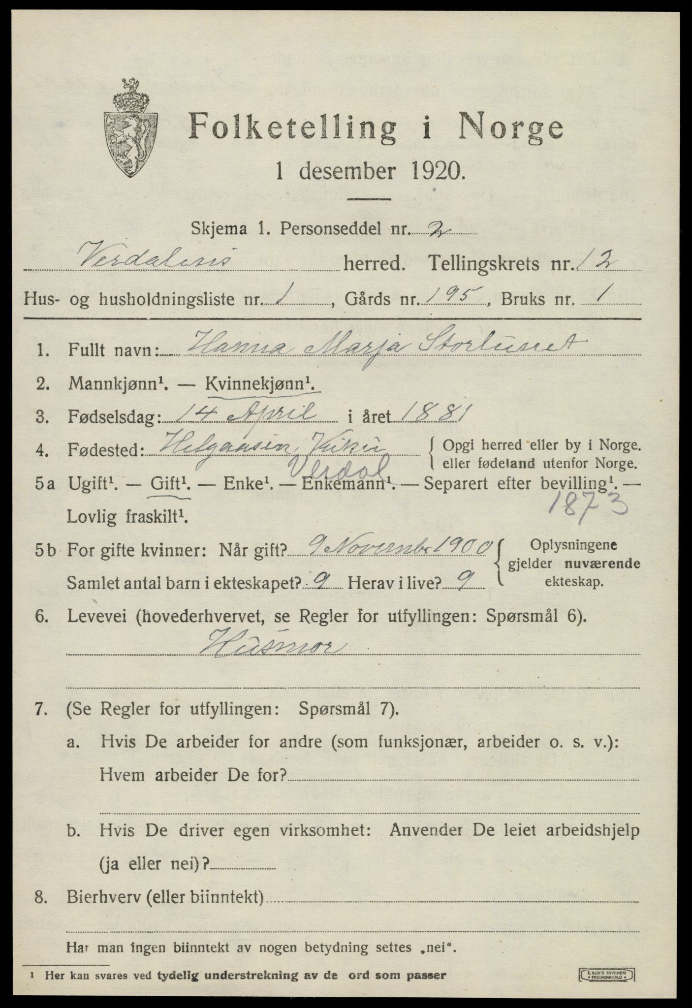 SAT, 1920 census for Verdal, 1920, p. 13263