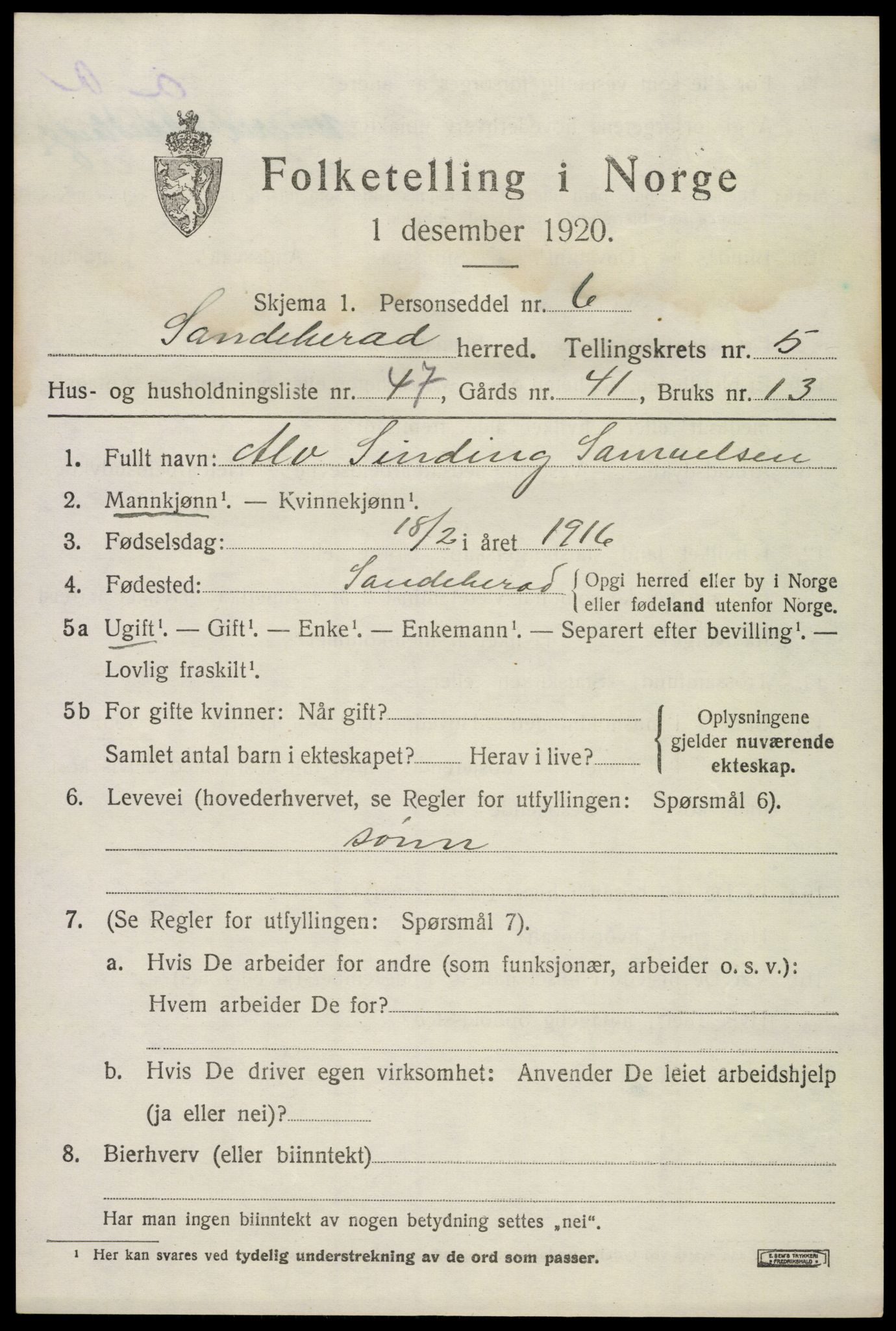 SAKO, 1920 census for Sandeherred, 1920, p. 8620