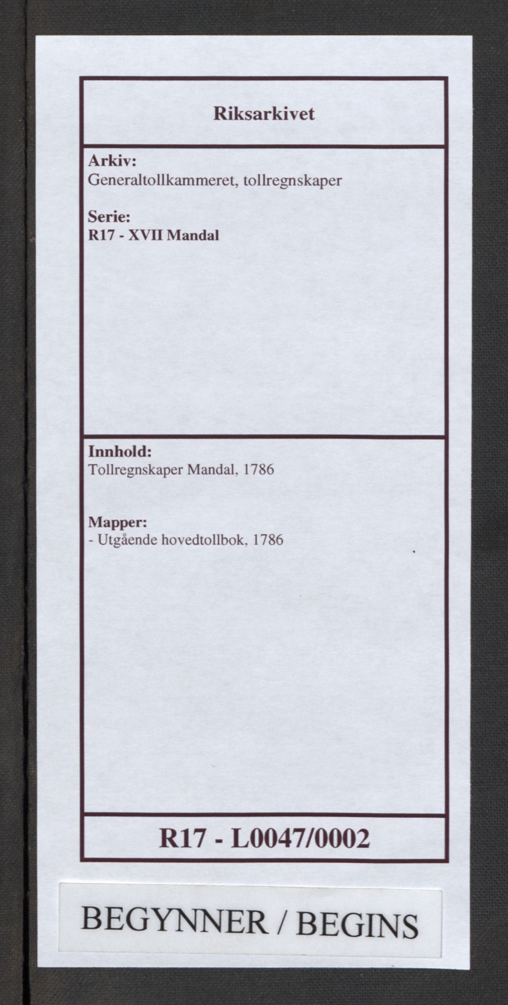 Generaltollkammeret, tollregnskaper, AV/RA-EA-5490/R17/L0047/0002: Tollregnskaper Mandal / Utgående hovedtollbok, 1786