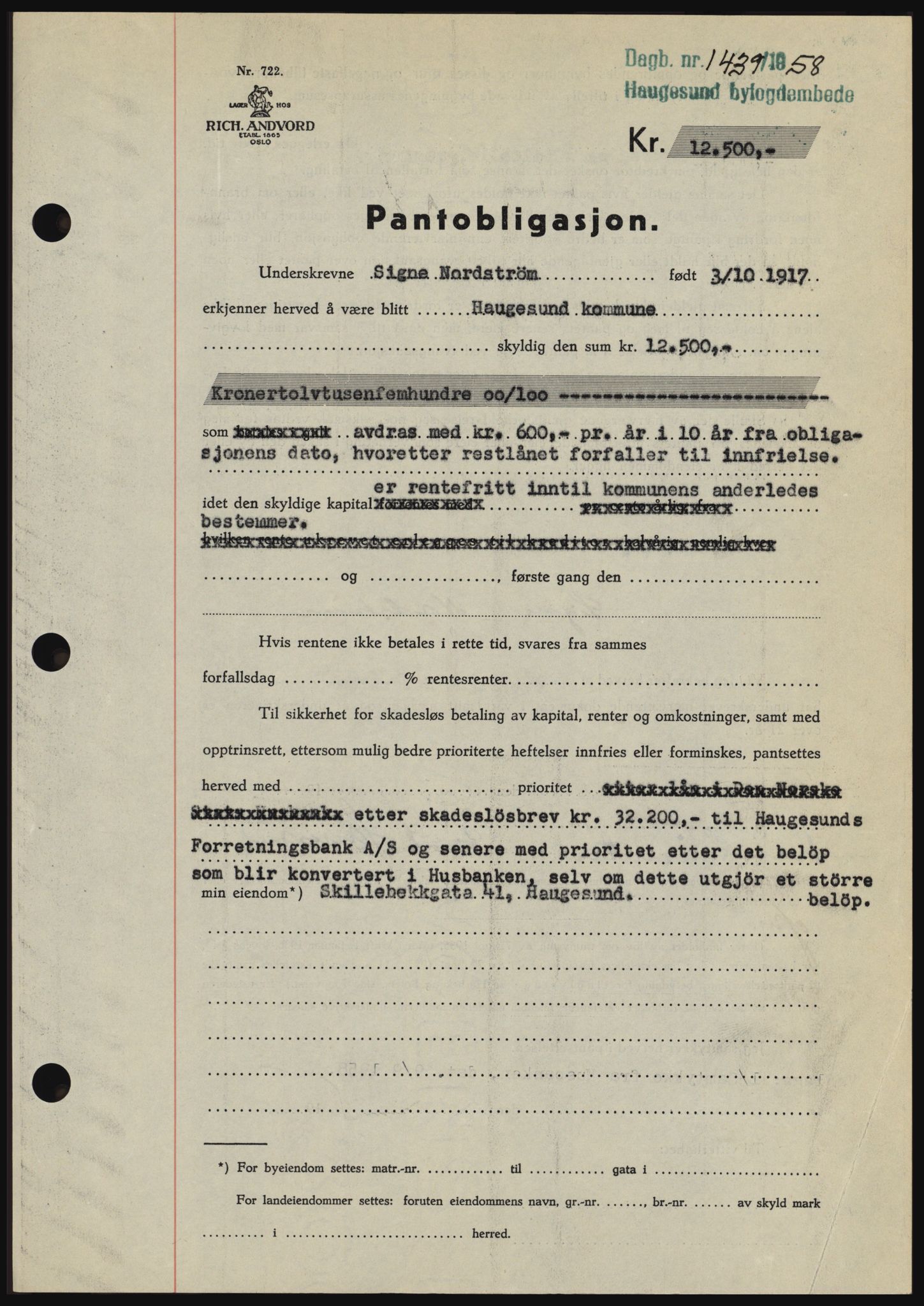 Haugesund tingrett, SAST/A-101415/01/II/IIC/L0044: Mortgage book no. B 44, 1958-1959, Diary no: : 1439/1958