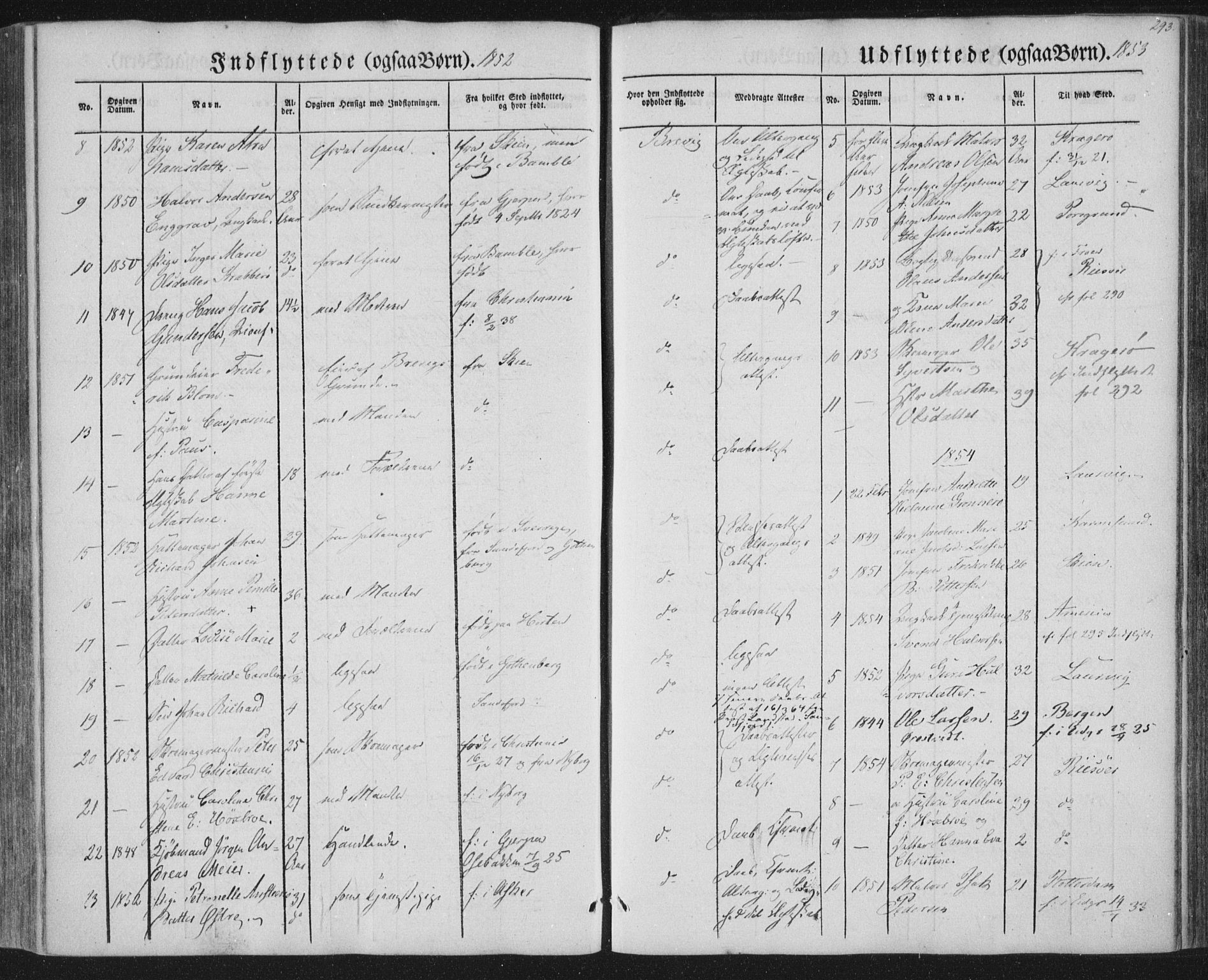 Brevik kirkebøker, AV/SAKO-A-255/F/Fa/L0005: Parish register (official) no. 5, 1847-1865, p. 293