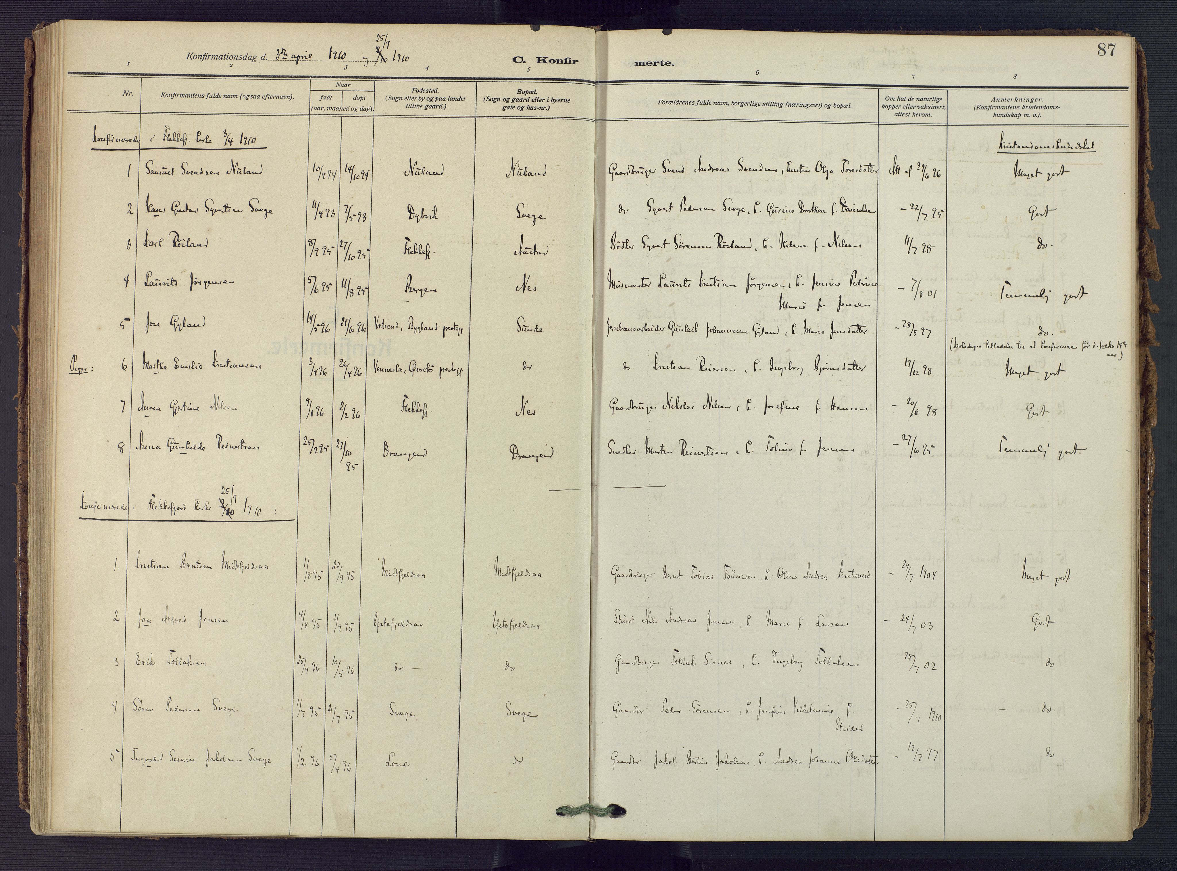 Flekkefjord sokneprestkontor, SAK/1111-0012/F/Fa/Fac/L0010: Parish register (official) no. A 10, 1910-1927, p. 87