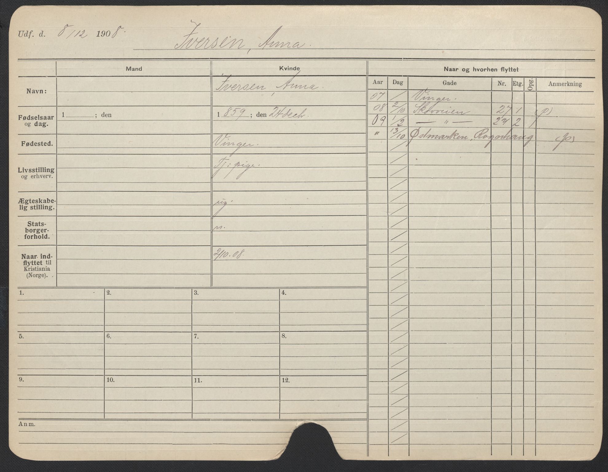 Oslo folkeregister, Registerkort, AV/SAO-A-11715/F/Fa/Fac/L0017: Kvinner, 1906-1914, p. 73a