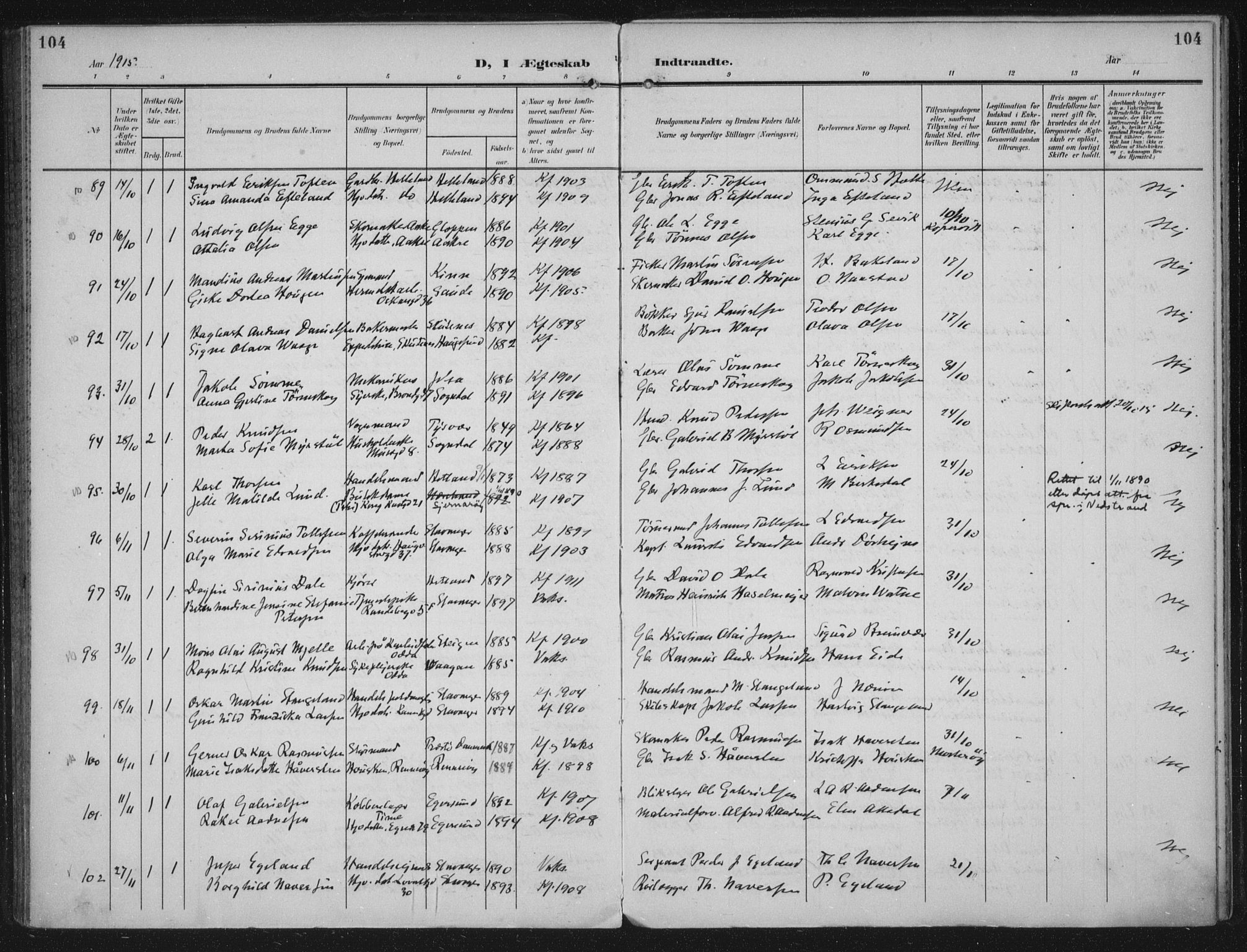 Domkirken sokneprestkontor, AV/SAST-A-101812/002/A/L0016: Parish register (official) no. A 33, 1905-1922, p. 104