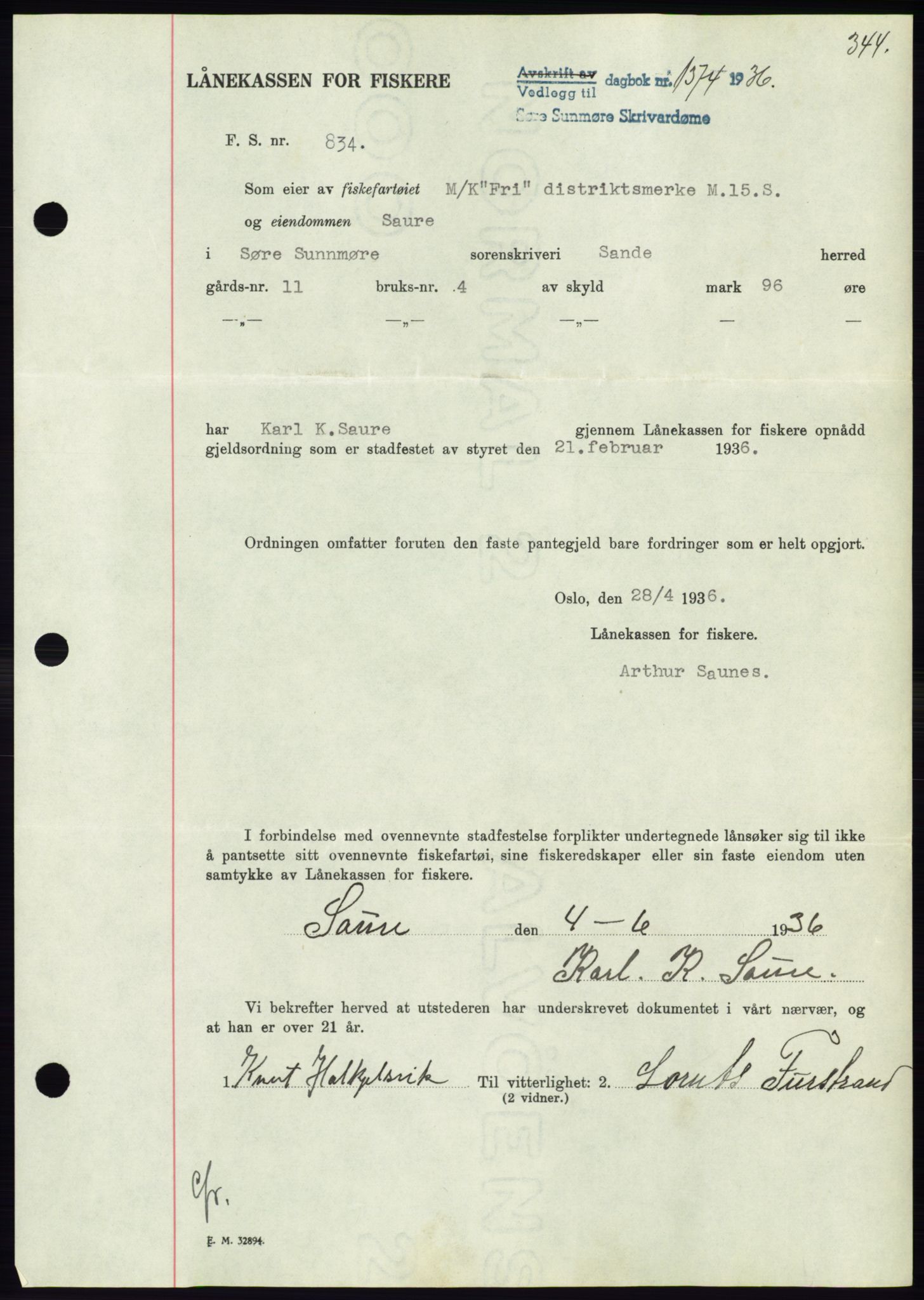 Søre Sunnmøre sorenskriveri, AV/SAT-A-4122/1/2/2C/L0061: Mortgage book no. 55, 1936-1936, Diary no: : 1374/1936