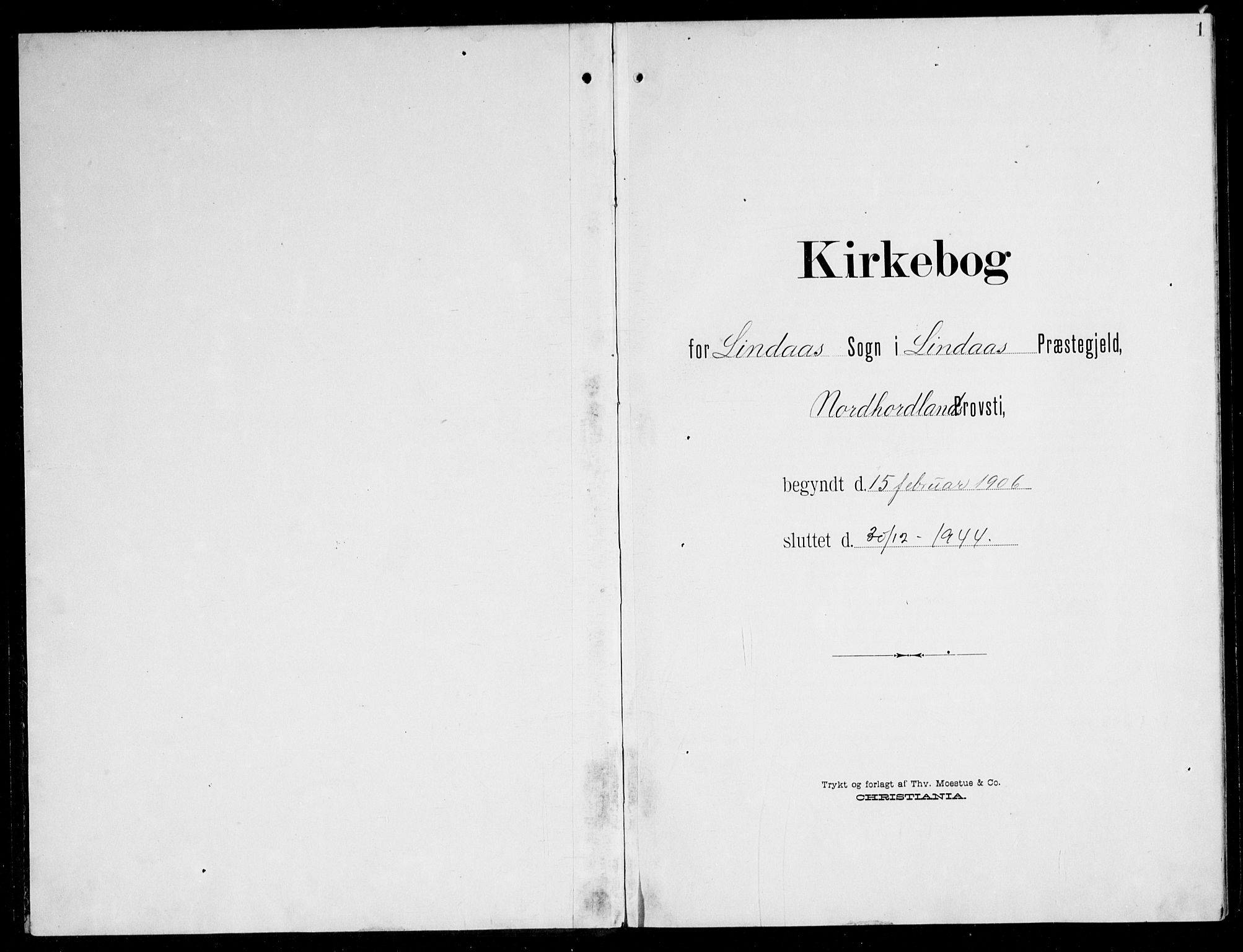 Lindås Sokneprestembete, AV/SAB-A-76701/H/Hab/Habb/L0006: Parish register (copy) no. B 6, 1906-1944, p. 1