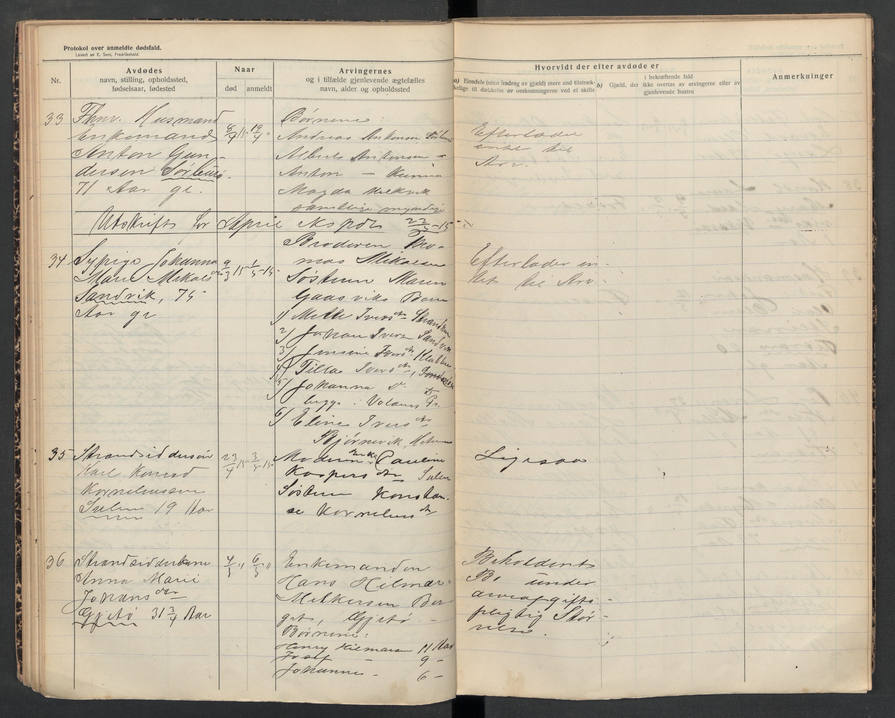Frøya lensmannskontor, AV/SAT-A-1050/2/Ga/L0002: Dødsfallsprotokoll  (løse ark / vedlegg, se Yb 2), 1913-1918