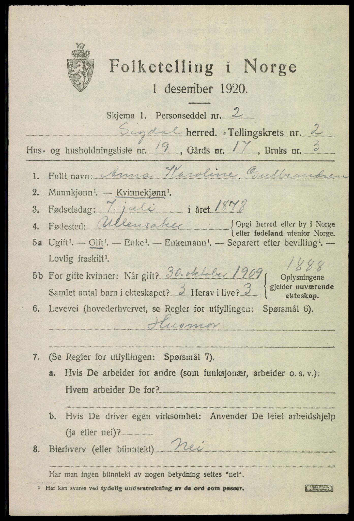 SAKO, 1920 census for Sigdal, 1920, p. 2228