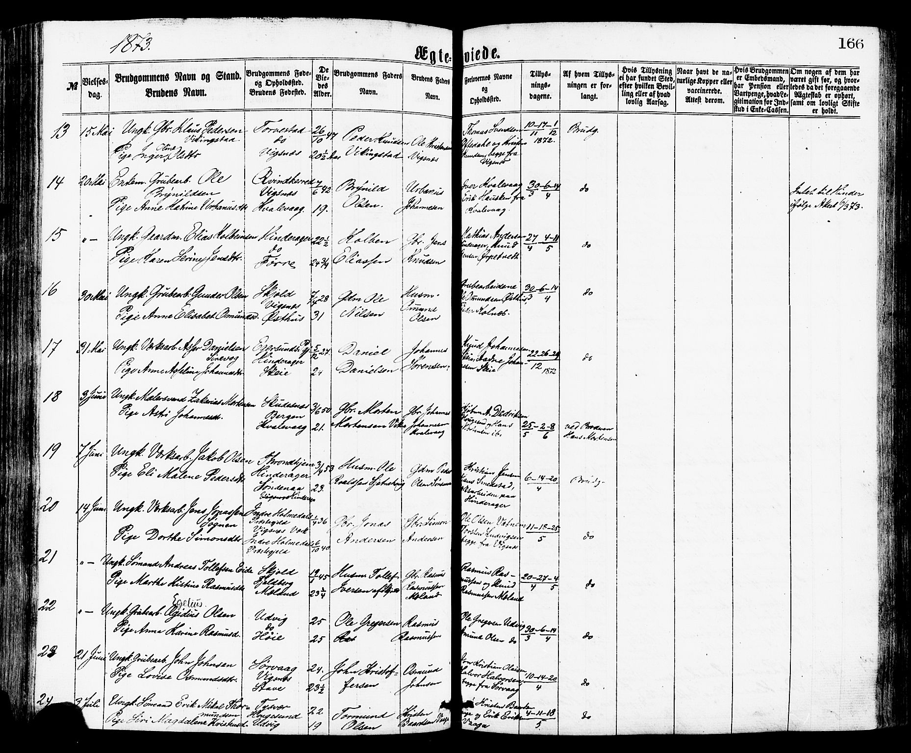 Avaldsnes sokneprestkontor, AV/SAST-A -101851/H/Ha/Haa/L0012: Parish register (official) no. A 12, 1865-1880, p. 166