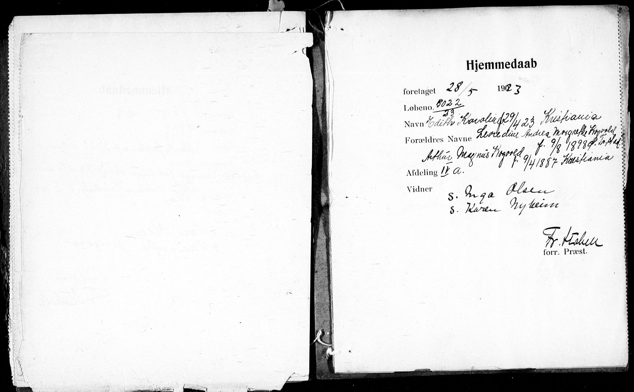 Ullevål sykehus prestekontor Kirkebøker, AV/SAO-A-10542a/K/Ka/L0002: Baptism register no. 2, 1907-1924