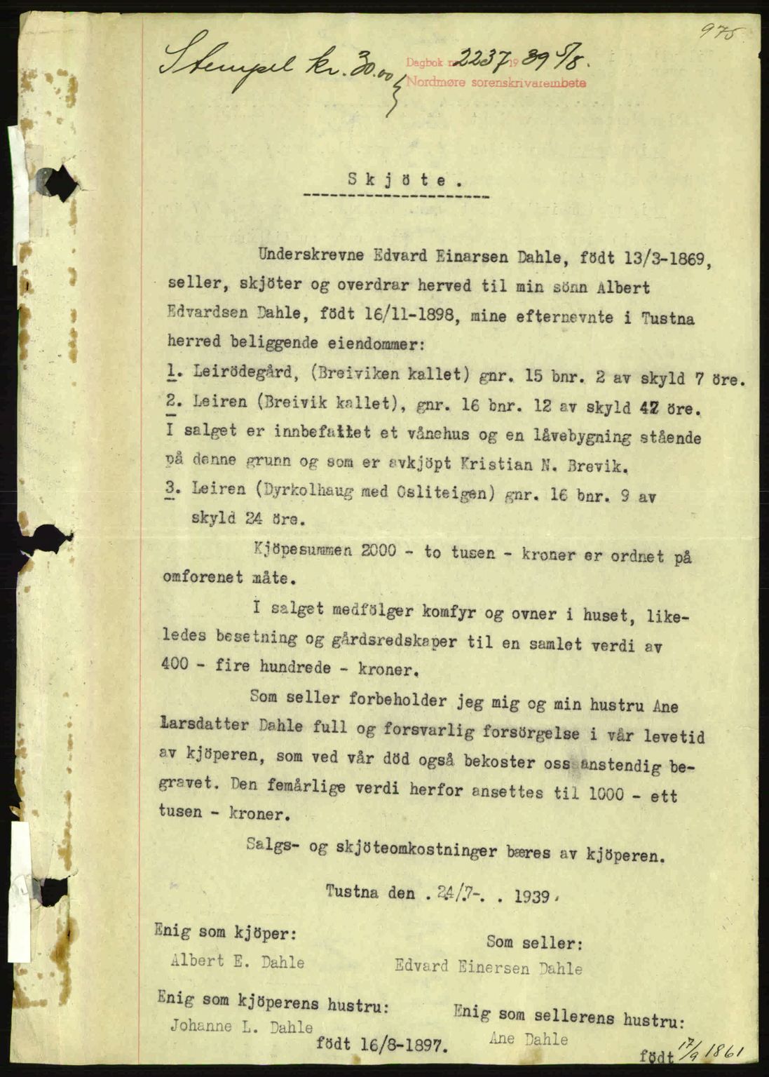 Nordmøre sorenskriveri, AV/SAT-A-4132/1/2/2Ca: Mortgage book no. A86, 1939-1939, Diary no: : 2237/1939