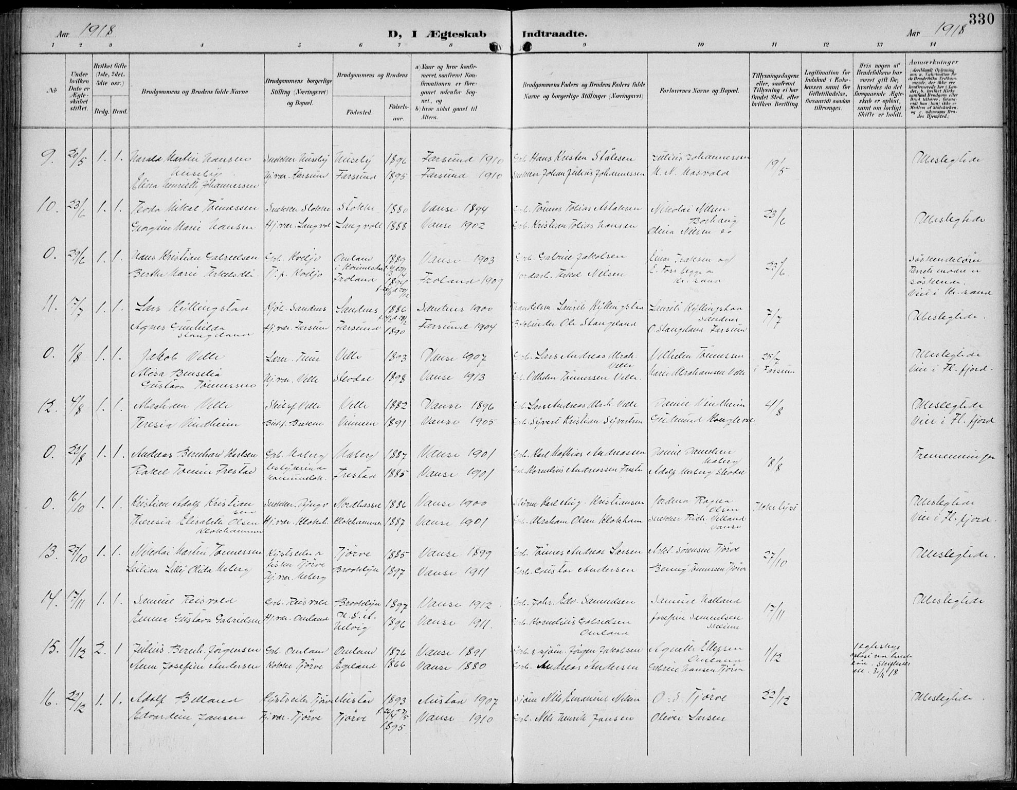 Lista sokneprestkontor, AV/SAK-1111-0027/F/Fb/L0005: Parish register (copy) no. B 5, 1892-1923, p. 330