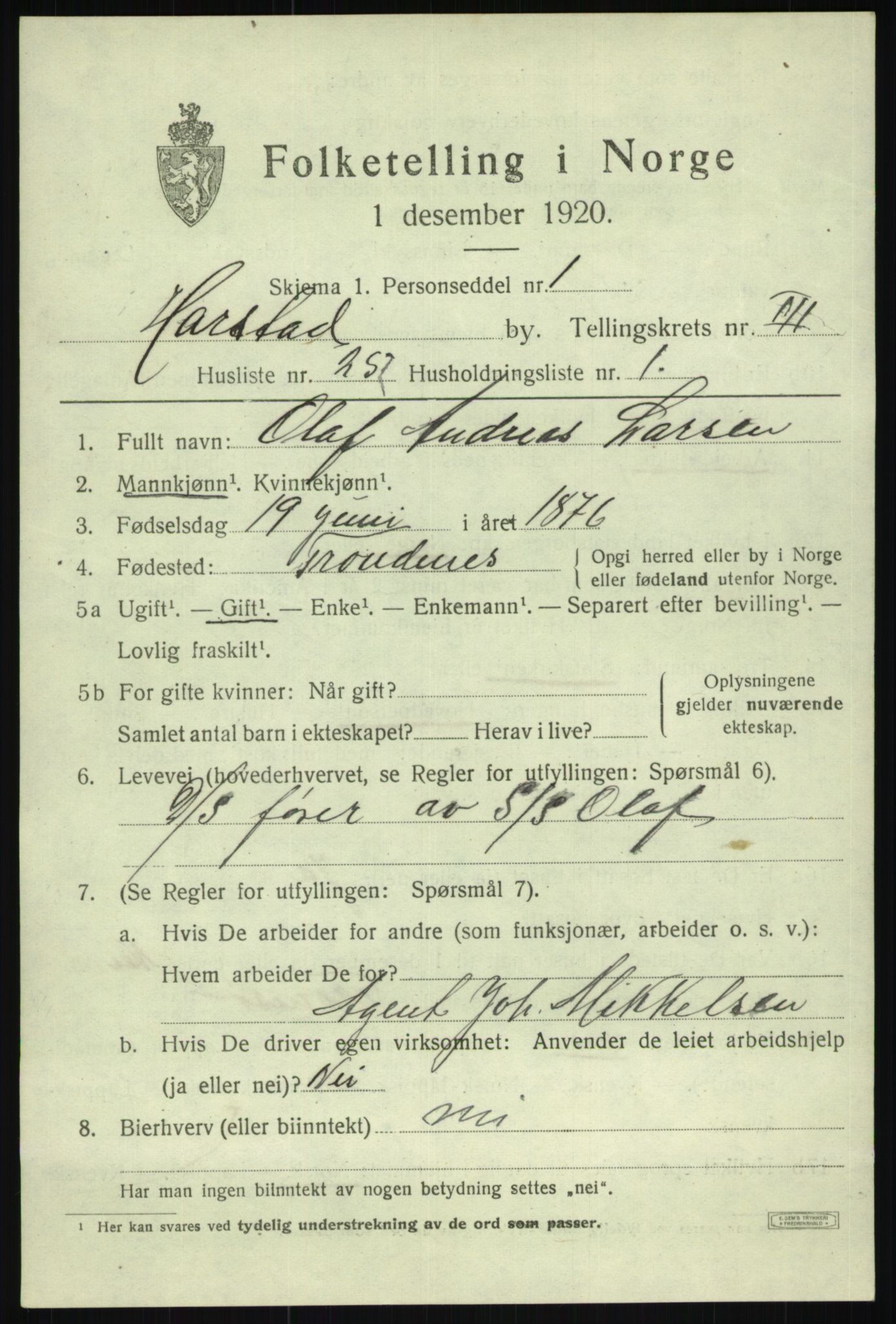 SATØ, 1920 census for Harstad, 1920, p. 4594