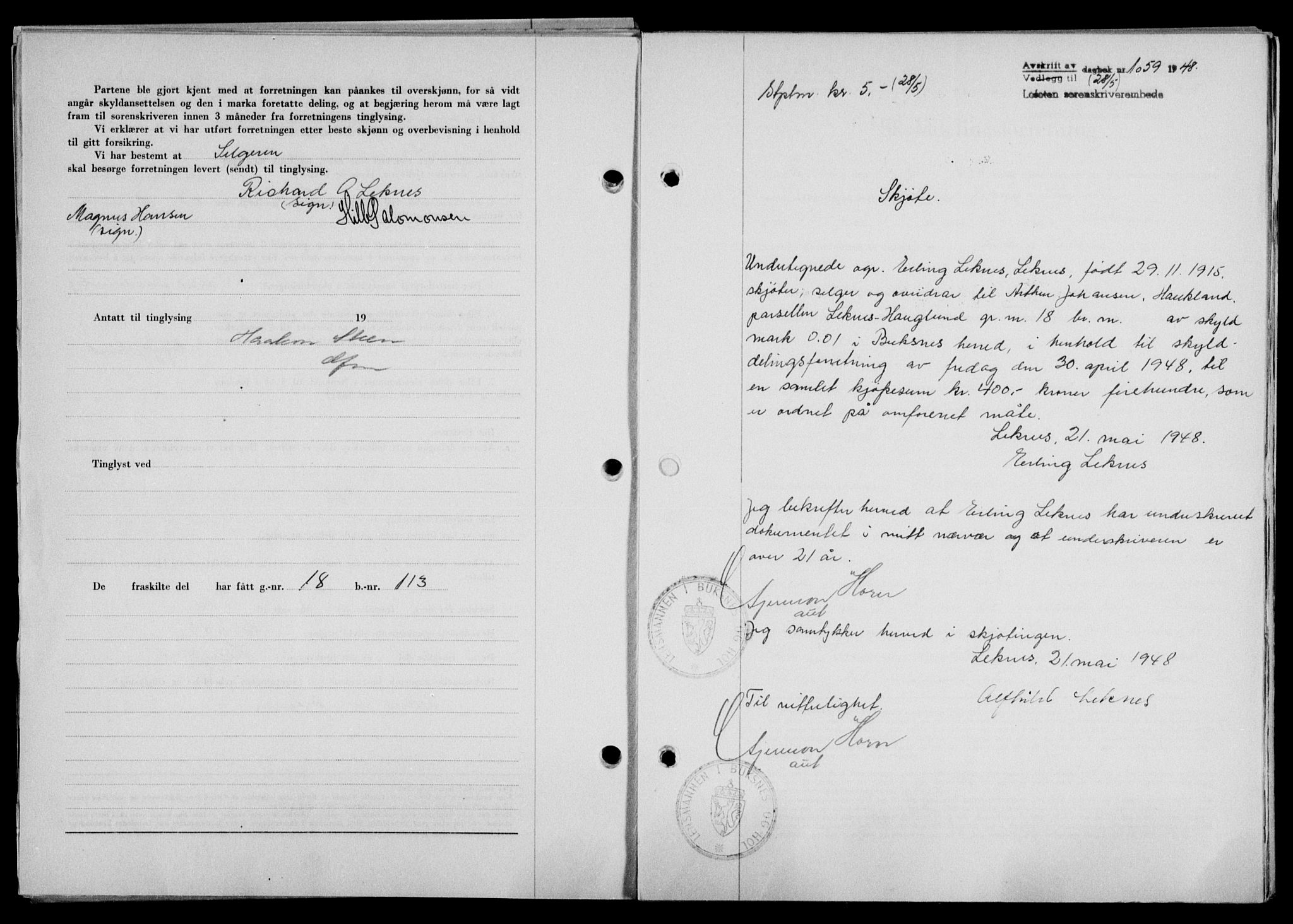 Lofoten sorenskriveri, SAT/A-0017/1/2/2C/L0018a: Mortgage book no. 18a, 1948-1948, Diary no: : 1059/1948