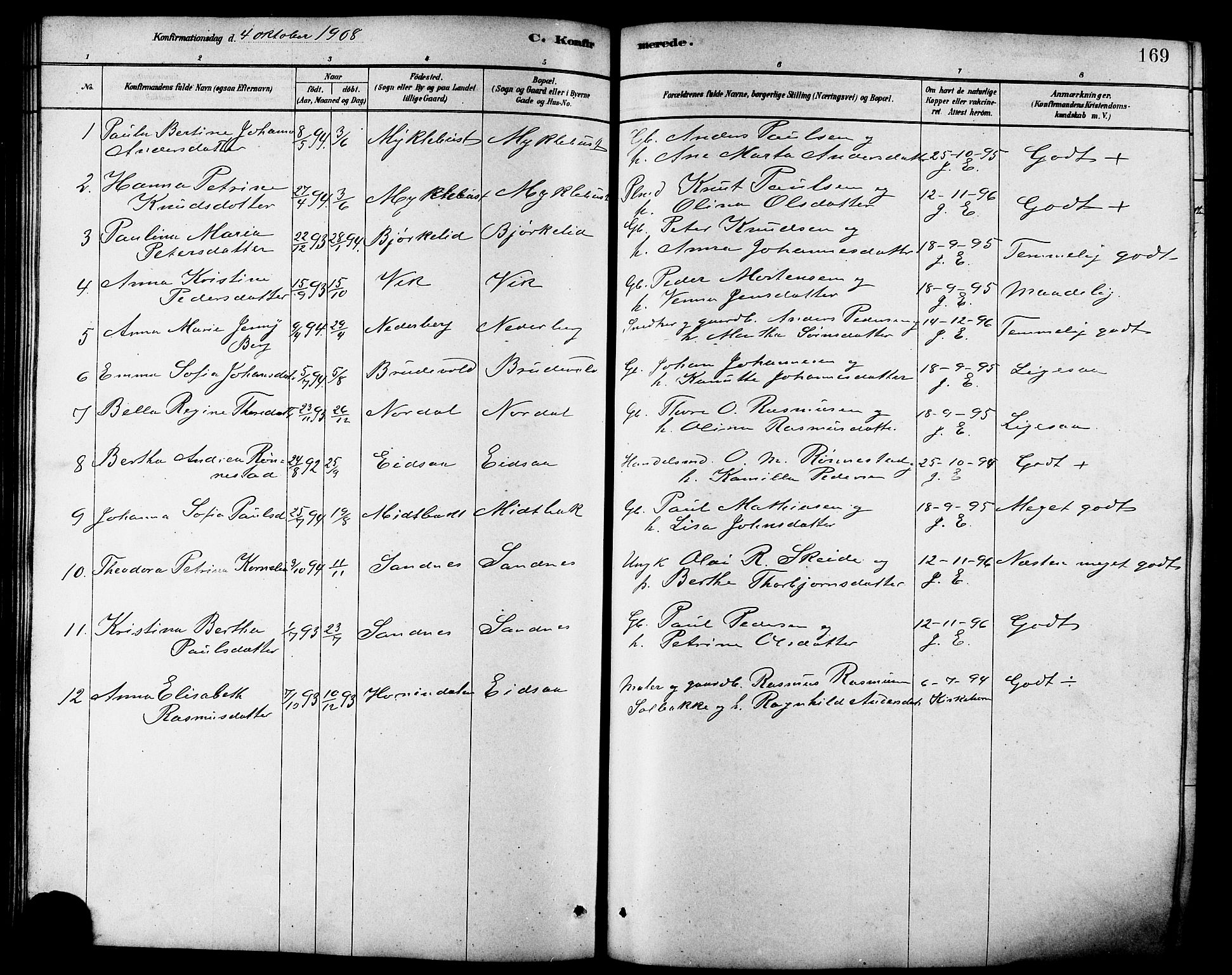 Ministerialprotokoller, klokkerbøker og fødselsregistre - Møre og Romsdal, AV/SAT-A-1454/502/L0027: Parish register (copy) no. 502C01, 1878-1908, p. 169