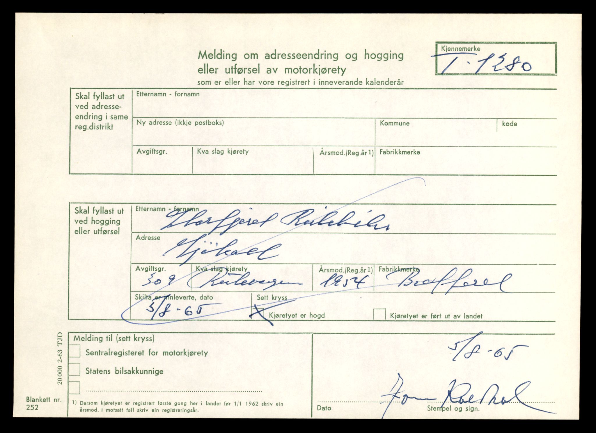 Møre og Romsdal vegkontor - Ålesund trafikkstasjon, SAT/A-4099/F/Fe/L0011: Registreringskort for kjøretøy T 1170 - T 1289, 1927-1998, p. 2434