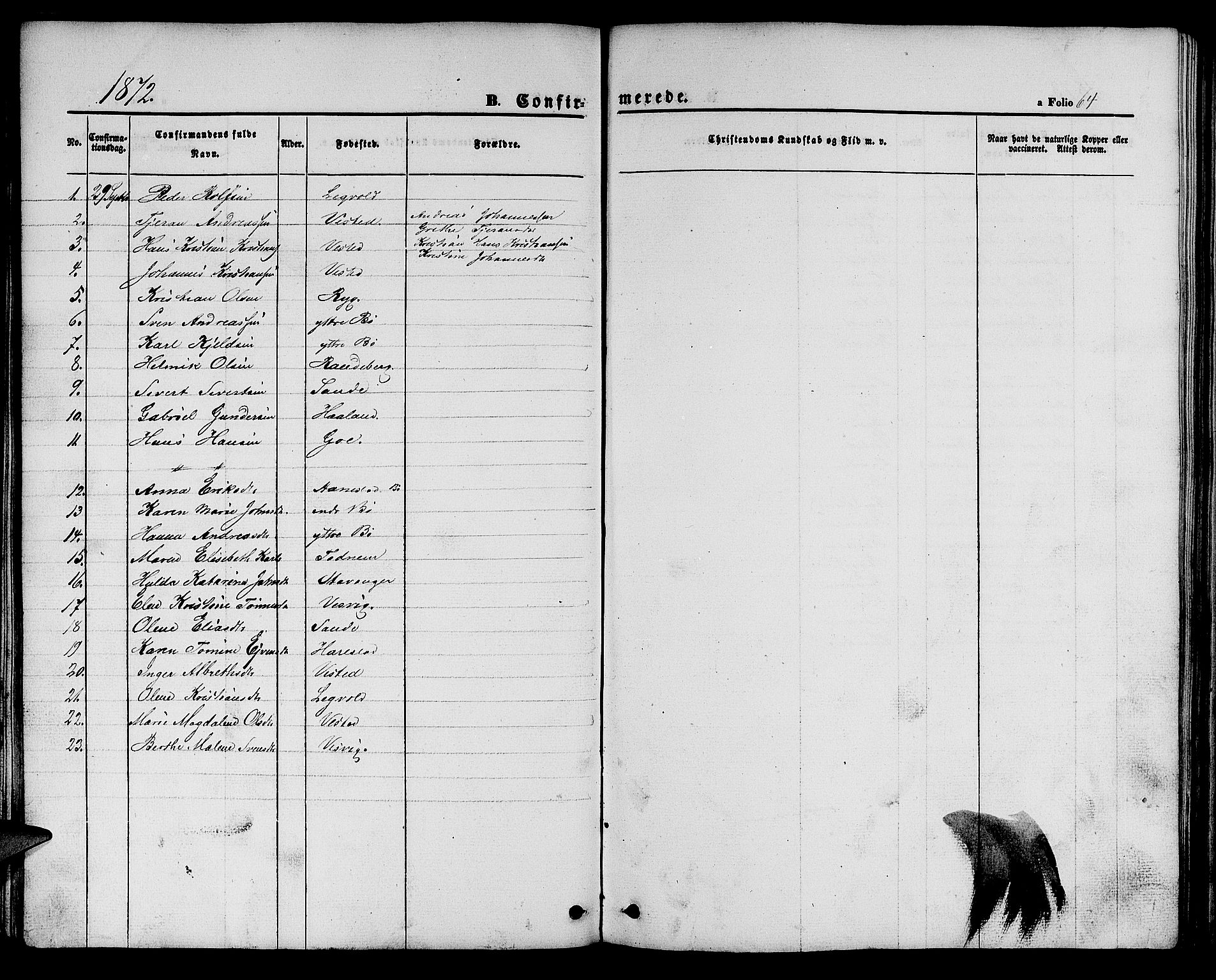 Hetland sokneprestkontor, SAST/A-101826/30/30BB/L0002: Parish register (copy) no. B 2, 1856-1891, p. 64