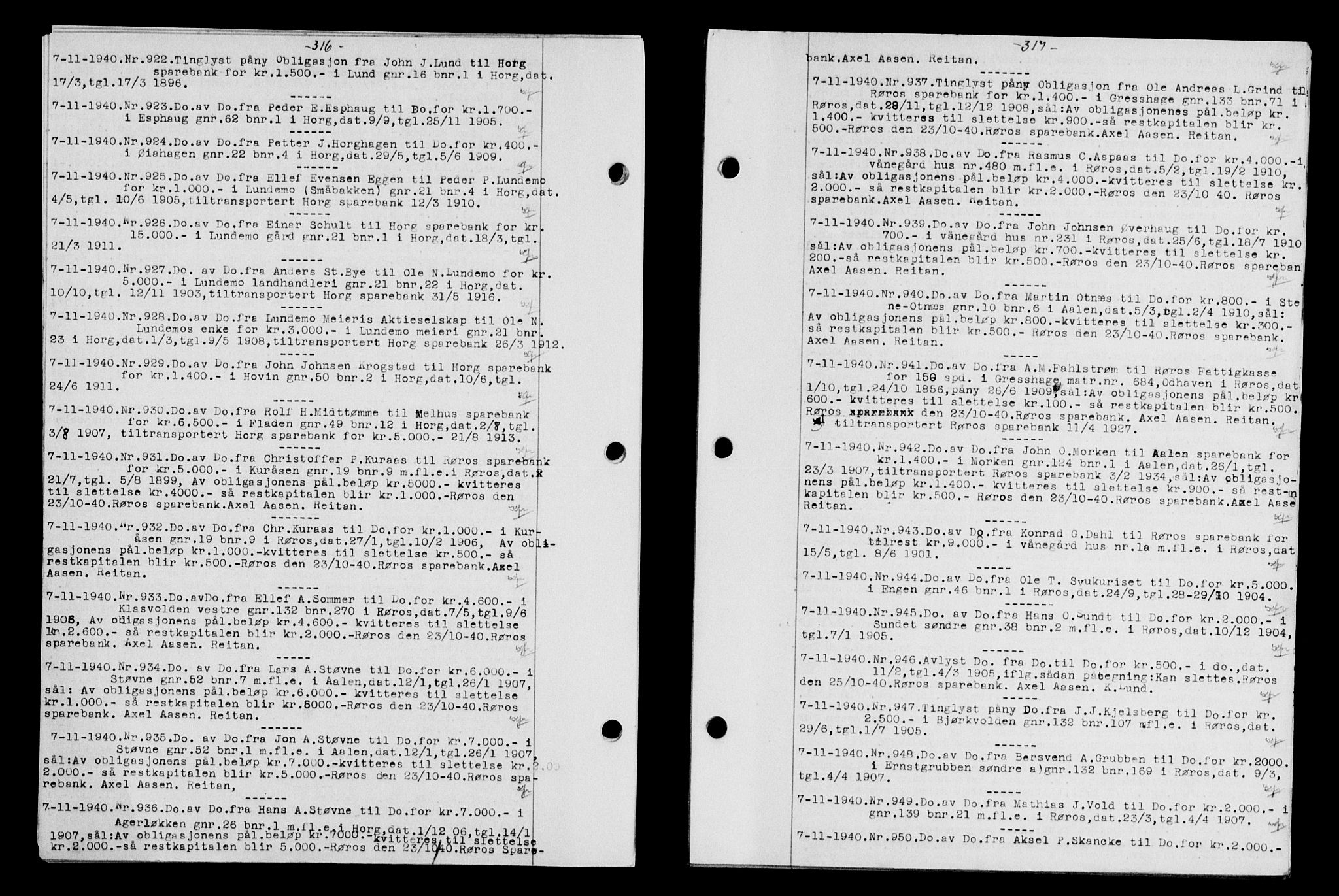 Gauldal sorenskriveri, SAT/A-0014/1/2/2C/L0052: Mortgage book no. 57, 1940-1941, Diary no: : 922/1940