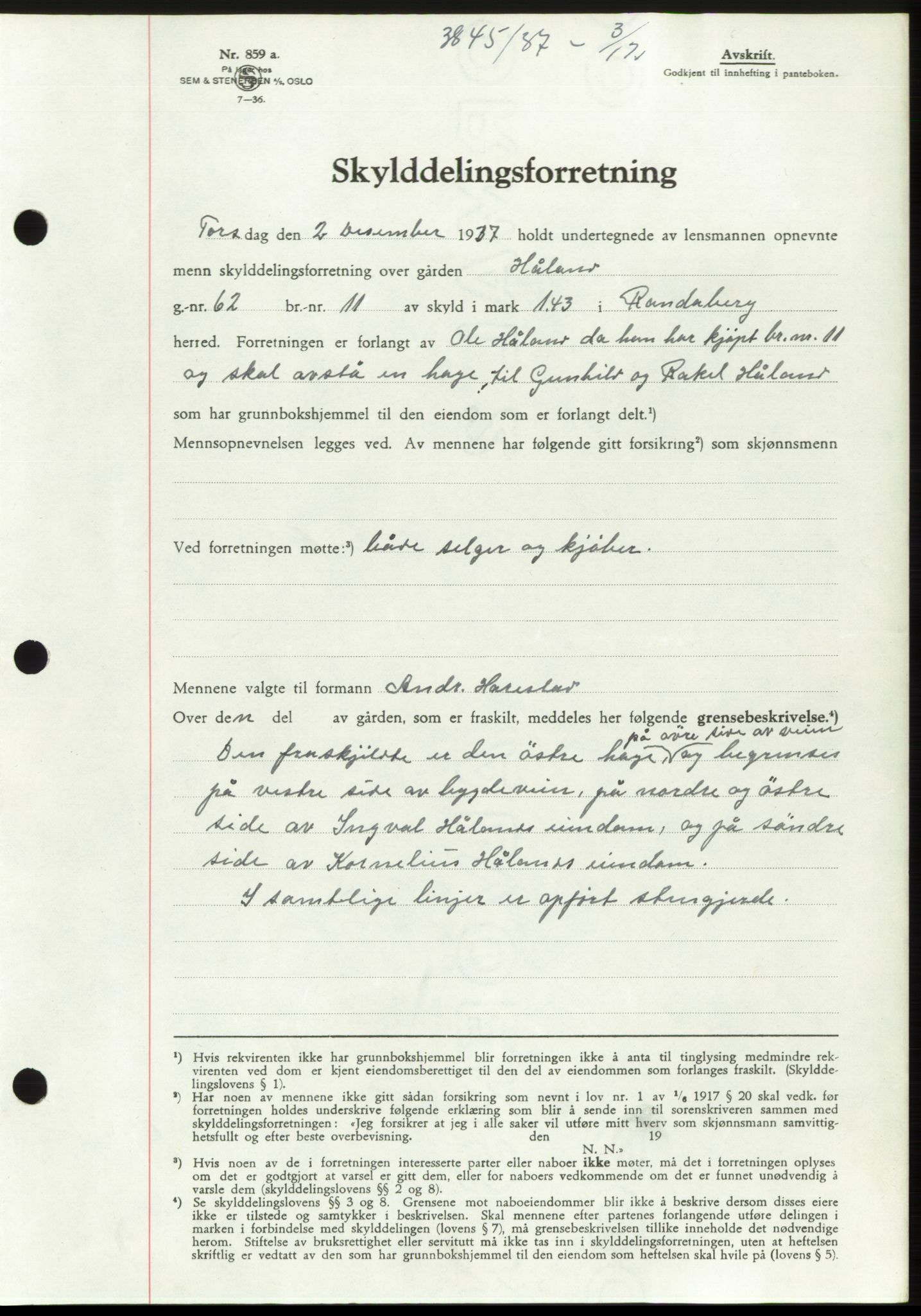 Jæren sorenskriveri, SAST/A-100310/03/G/Gba/L0069: Mortgage book, 1937-1937, Diary no: : 3845/1937
