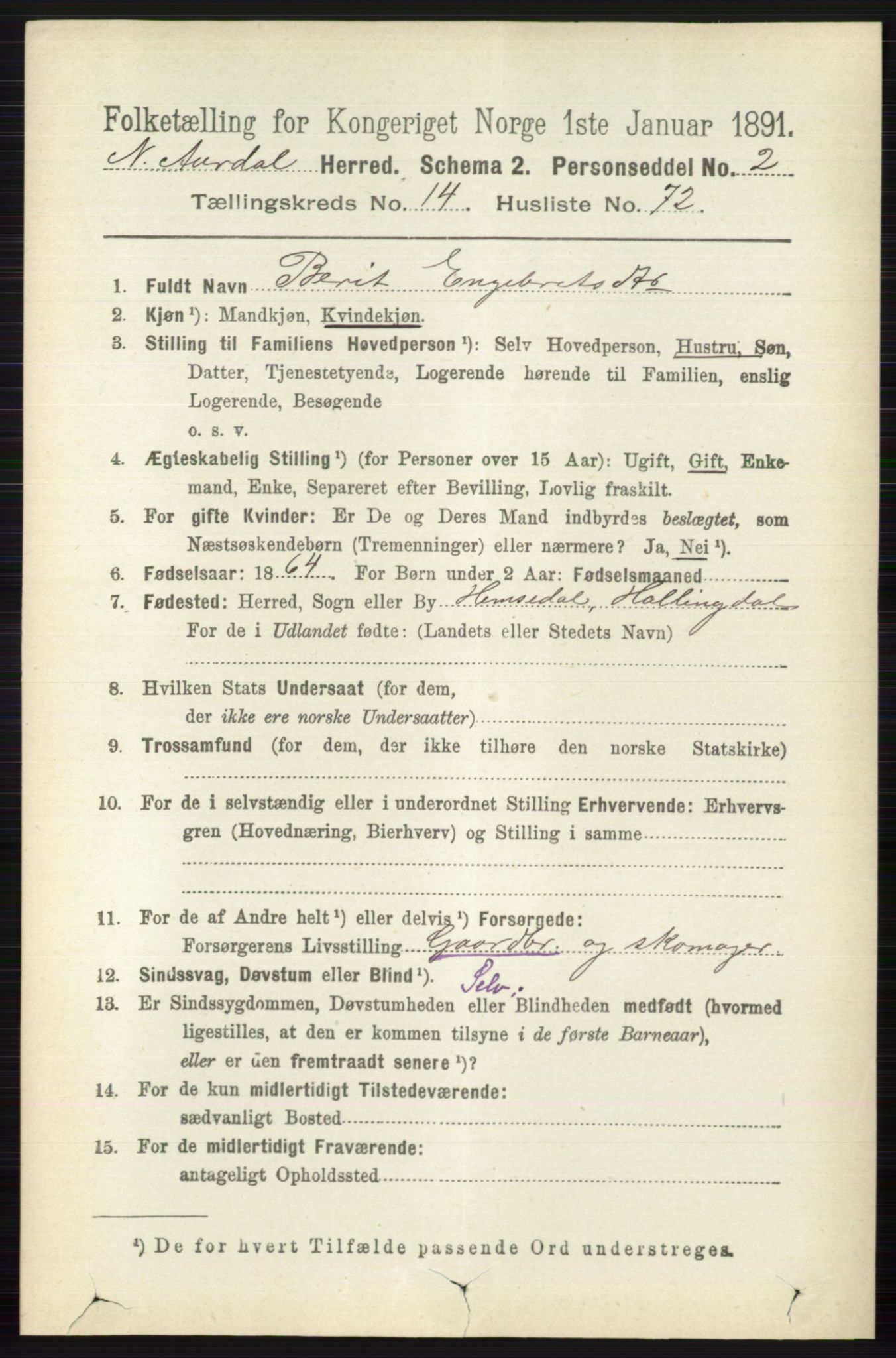 RA, 1891 census for 0542 Nord-Aurdal, 1891, p. 5661