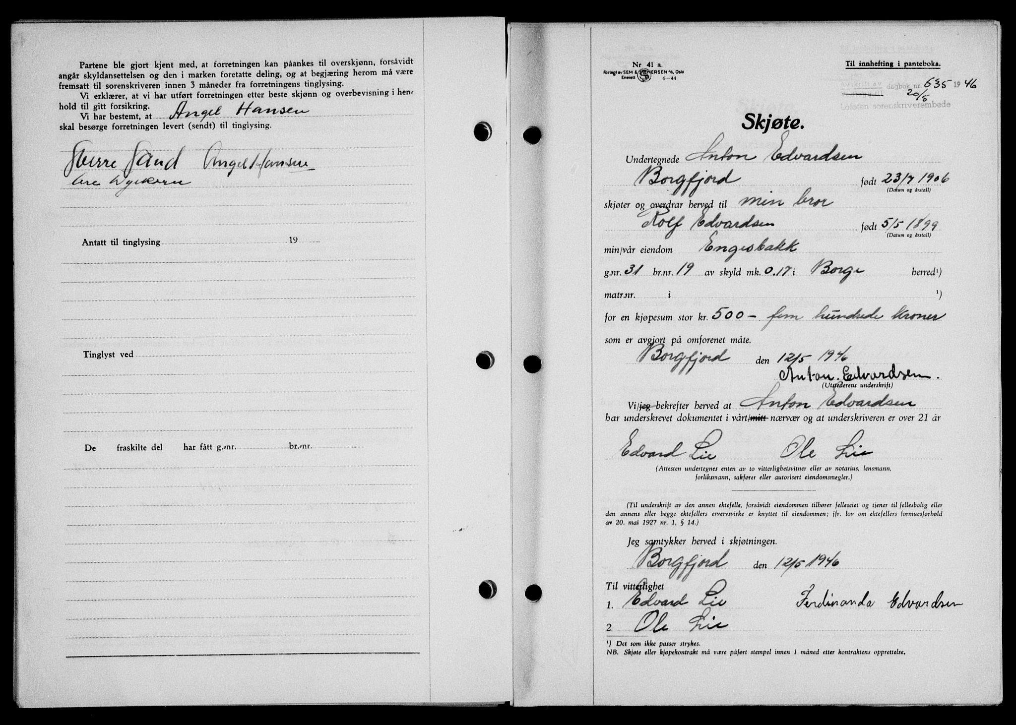 Lofoten sorenskriveri, SAT/A-0017/1/2/2C/L0014a: Mortgage book no. 14a, 1946-1946, Diary no: : 535/1946