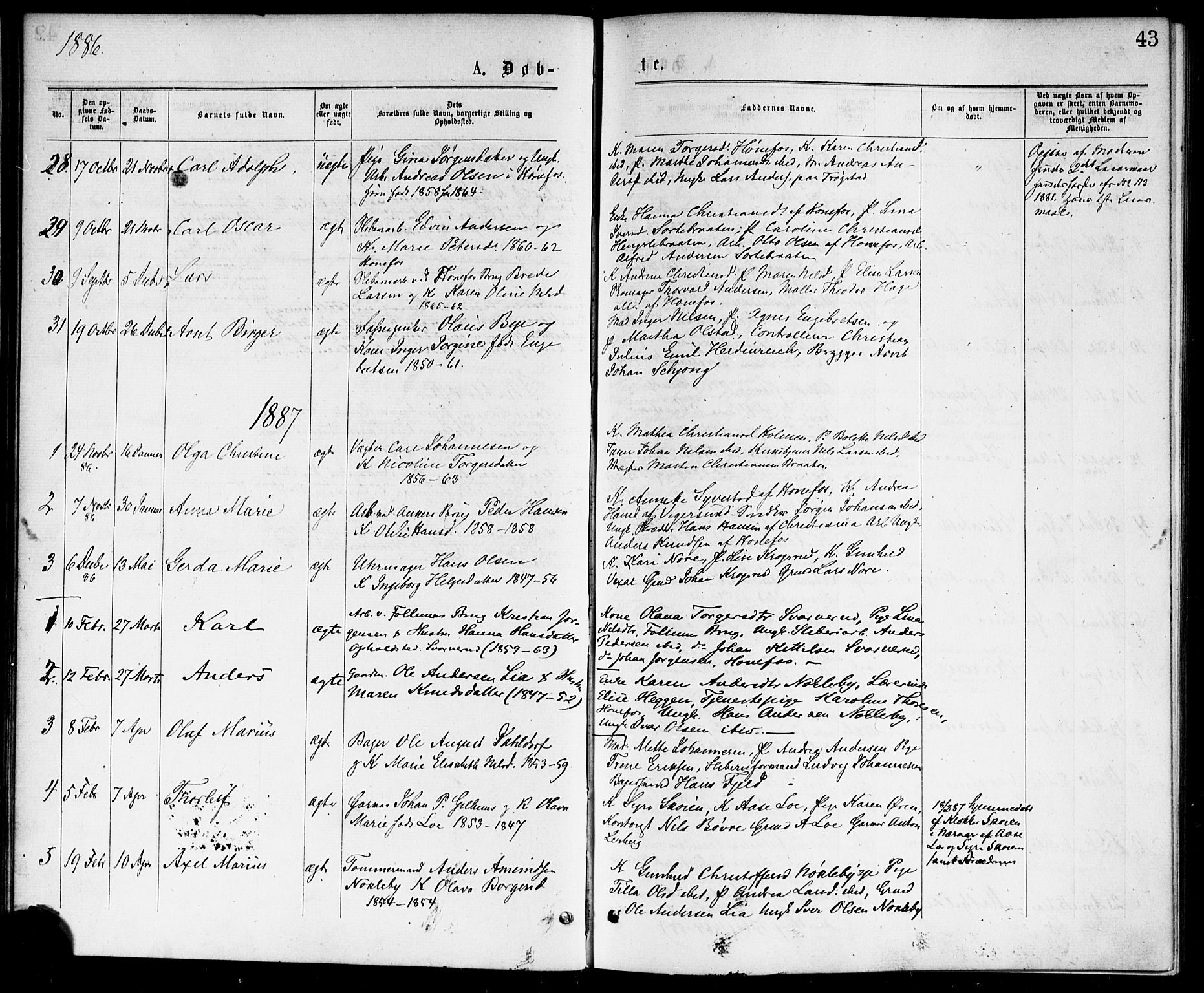 Hønefoss kirkebøker, SAKO/A-609/F/Fa/L0001: Parish register (official) no. 1, 1875-1887, p. 43