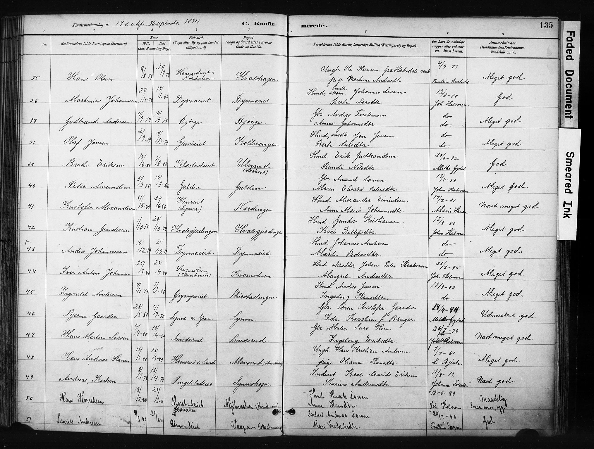 Gran prestekontor, AV/SAH-PREST-112/H/Ha/Haa/L0017: Parish register (official) no. 17, 1889-1897, p. 135