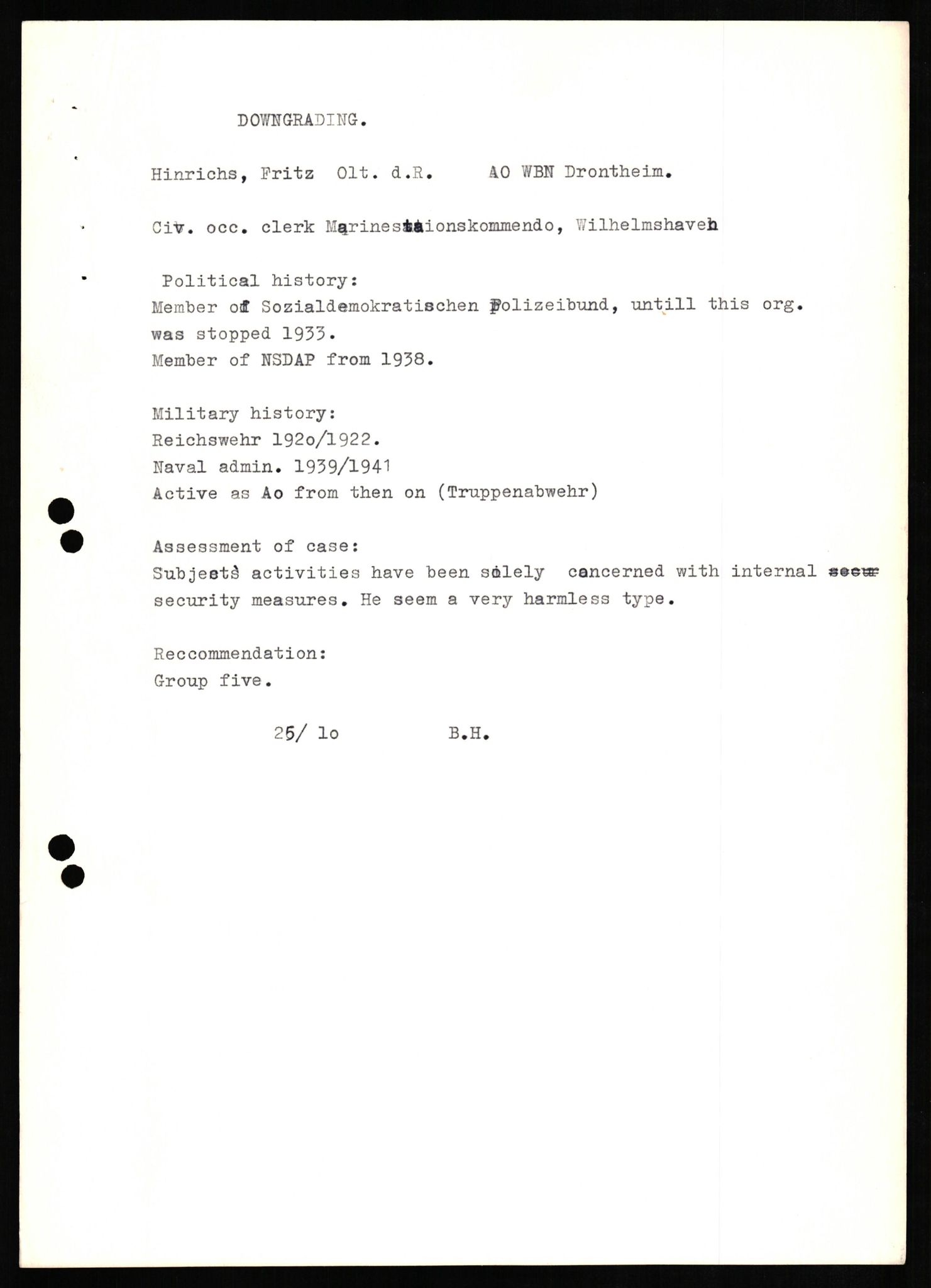 Forsvaret, Forsvarets overkommando II, AV/RA-RAFA-3915/D/Db/L0013: CI Questionaires. Tyske okkupasjonsstyrker i Norge. Tyskere., 1945-1946, p. 291