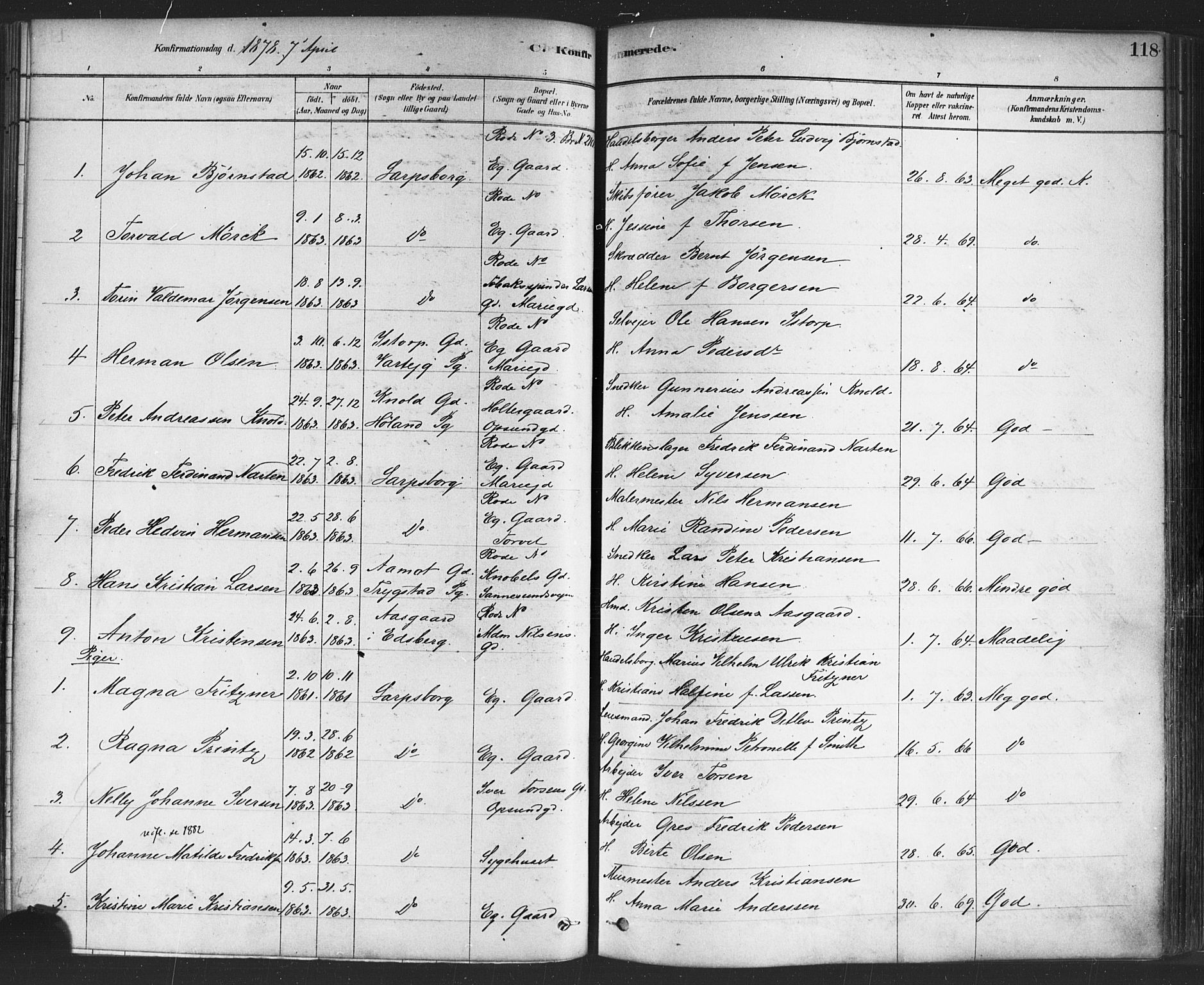 Sarpsborg prestekontor Kirkebøker, SAO/A-2006/F/Fa/L0003: Parish register (official) no. 3, 1878-1891, p. 118