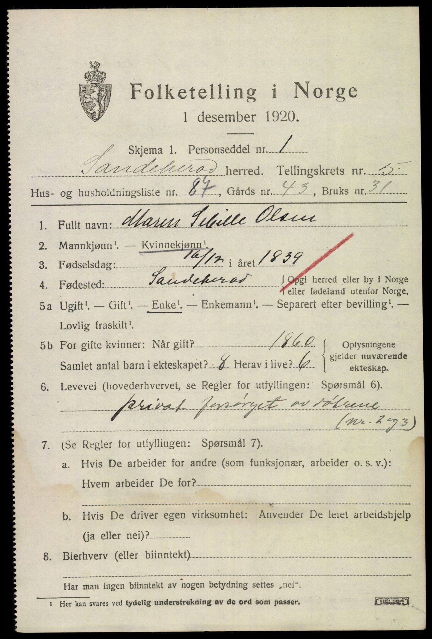 SAKO, 1920 census for Sandeherred, 1920, p. 9234