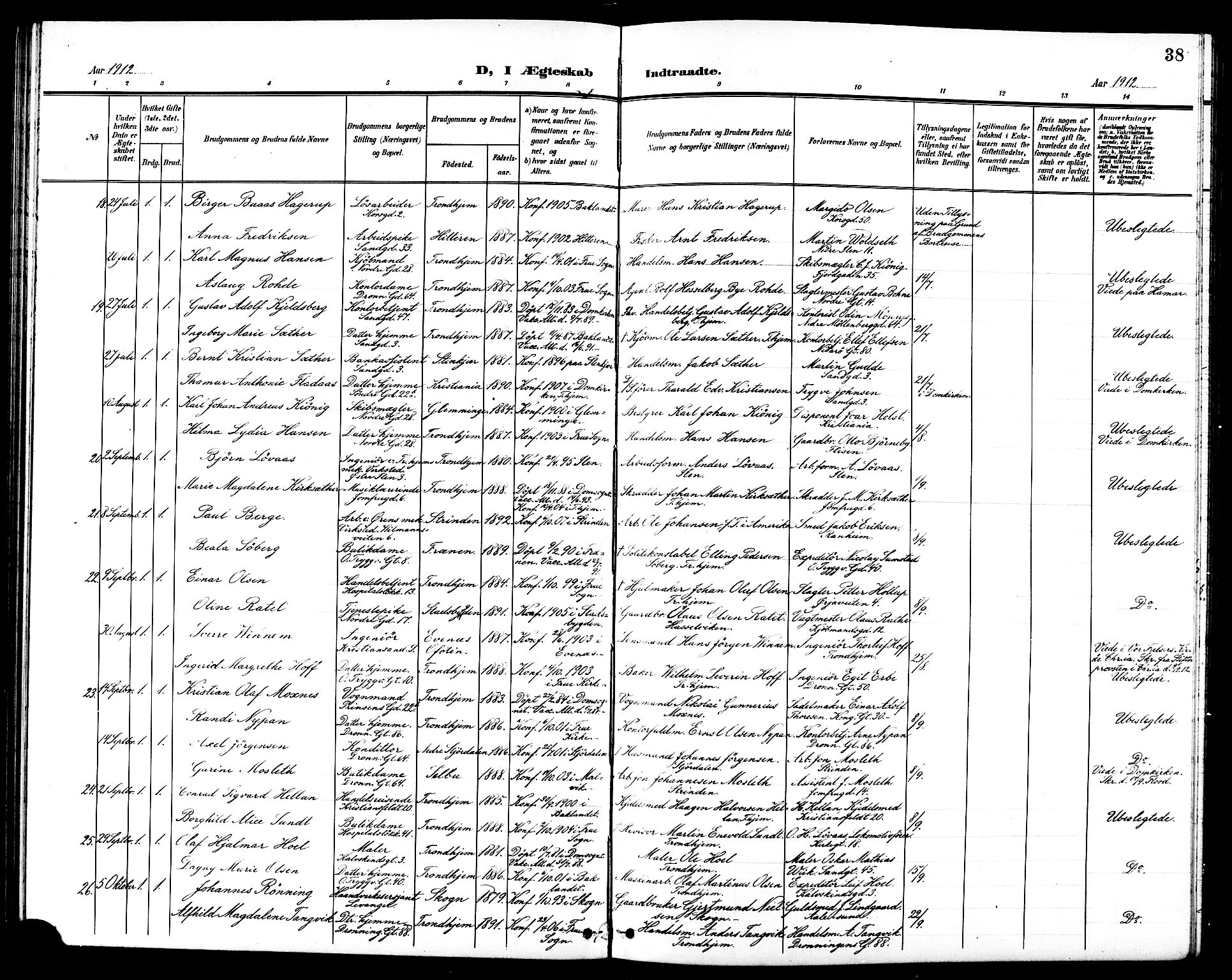 Ministerialprotokoller, klokkerbøker og fødselsregistre - Sør-Trøndelag, SAT/A-1456/602/L0145: Parish register (copy) no. 602C13, 1902-1919, p. 38