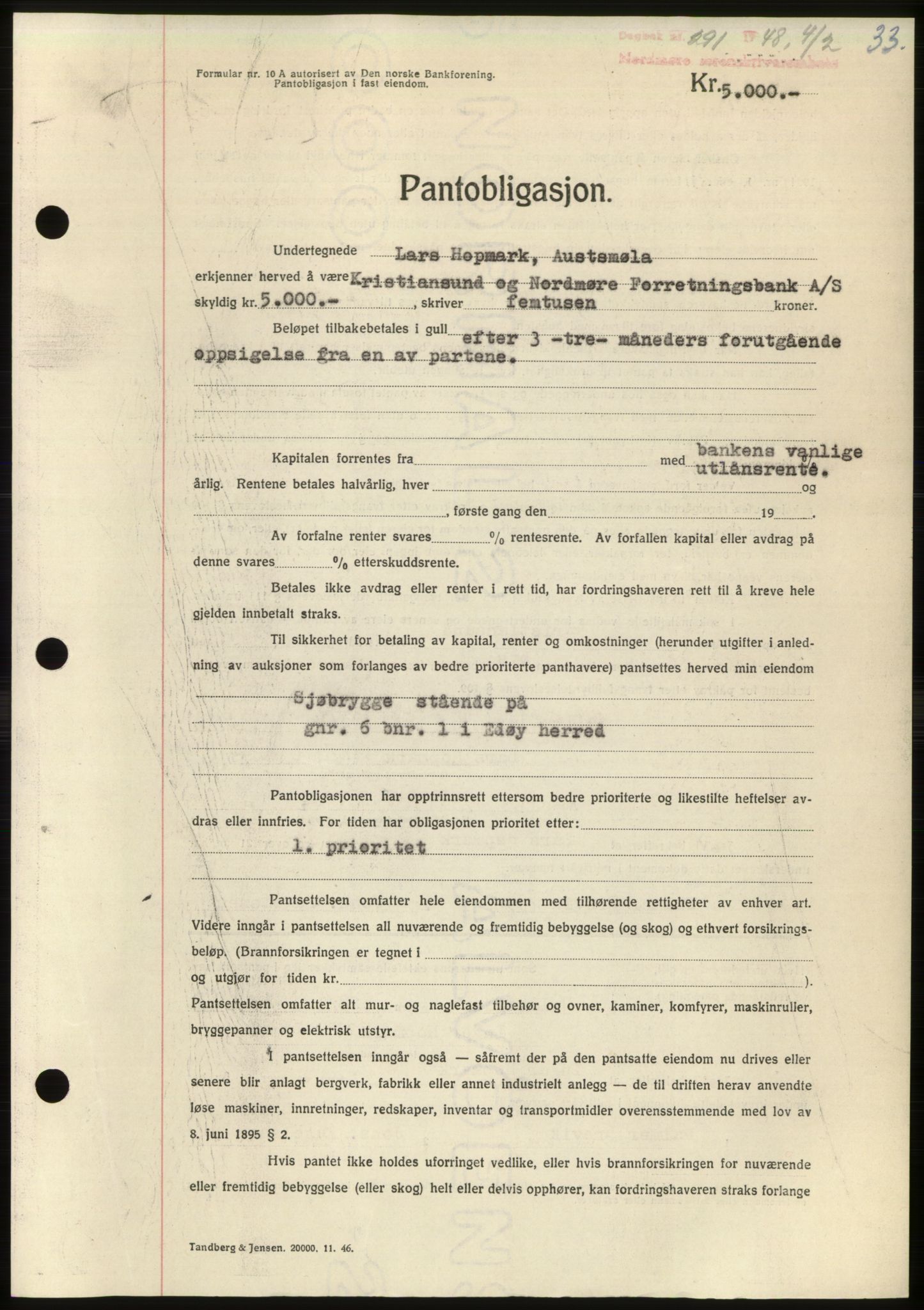 Nordmøre sorenskriveri, AV/SAT-A-4132/1/2/2Ca: Mortgage book no. B98, 1948-1948, Diary no: : 291/1948