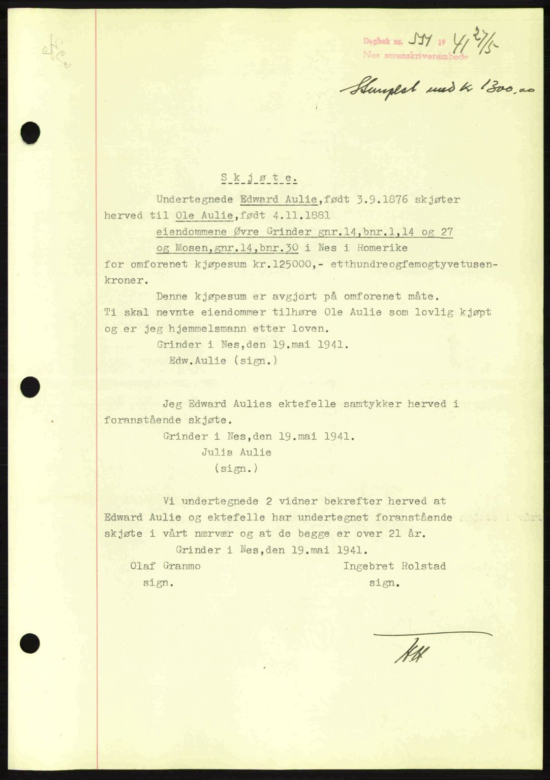 Nes tingrett, AV/SAO-A-10548/G/Gb/Gbb/L0011: Mortgage book no. 55, 1940-1941, Diary no: : 551/1941