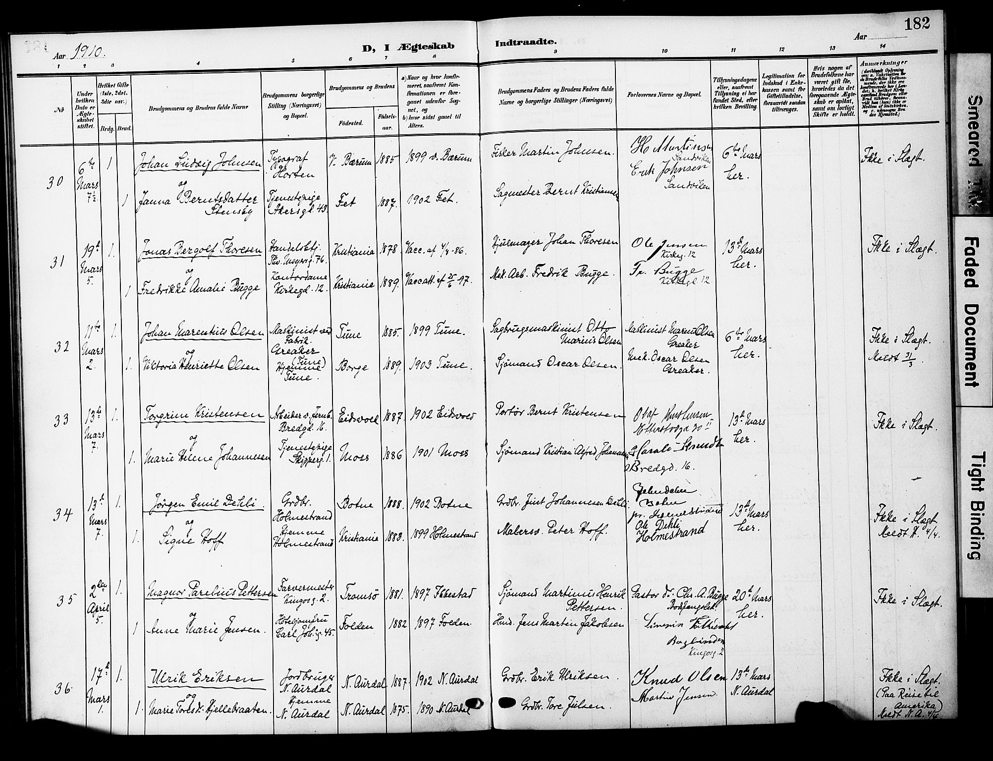 Oslo domkirke Kirkebøker, AV/SAO-A-10752/F/Fa/L0033: Parish register (official) no. 33, 1902-1913, p. 182