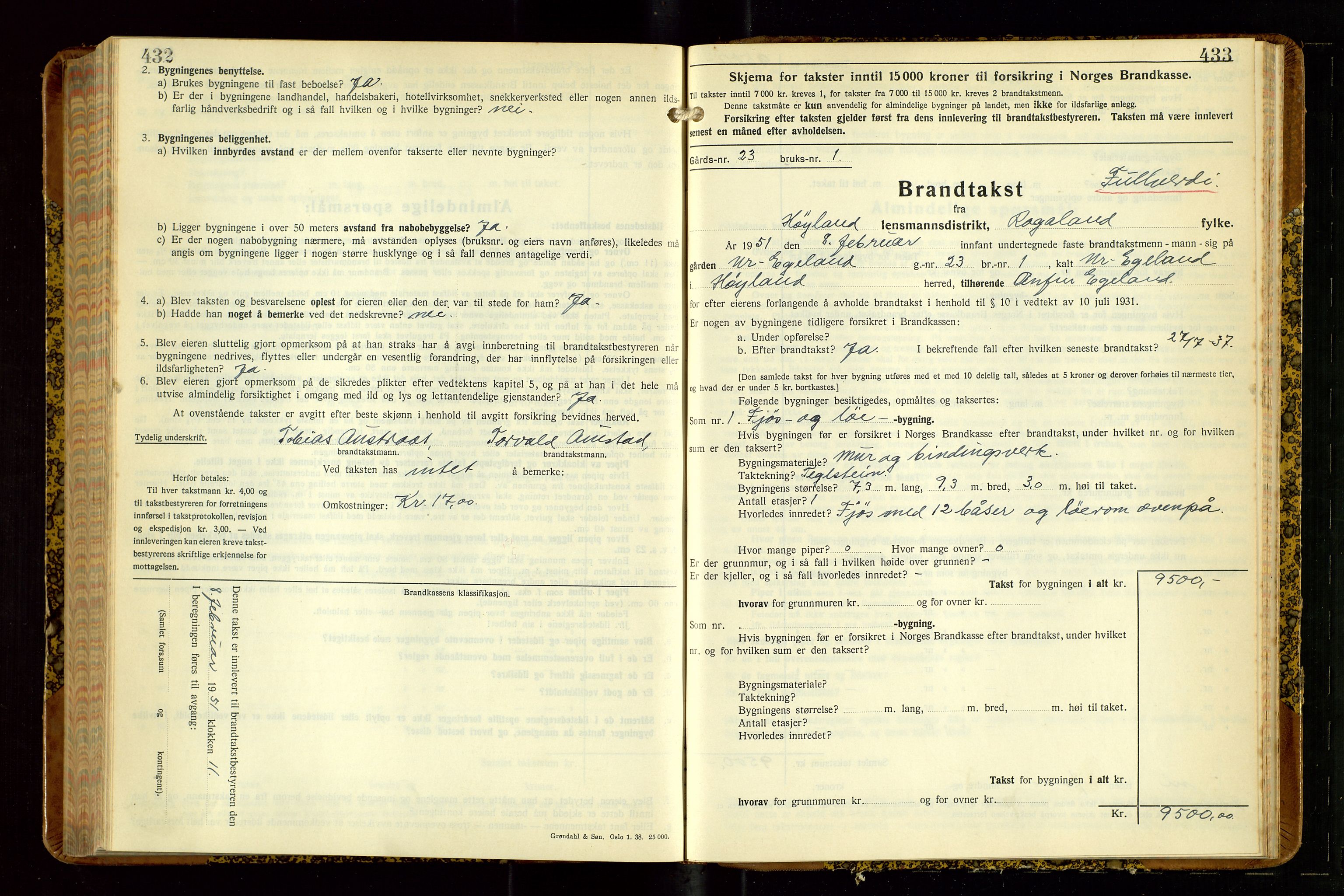 Høyland/Sandnes lensmannskontor, AV/SAST-A-100166/Gob/L0008: "Branntakstprotokoll", 1940-1952, p. 432-433