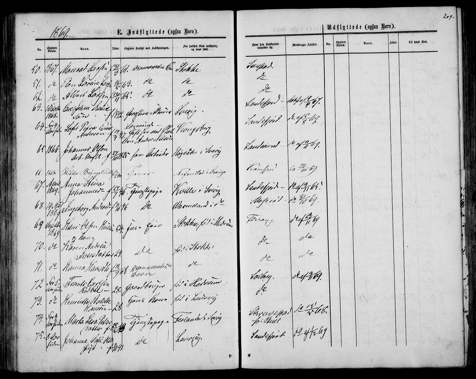 Sandar kirkebøker, AV/SAKO-A-243/F/Fa/L0009: Parish register (official) no. 9, 1862-1871, p. 209