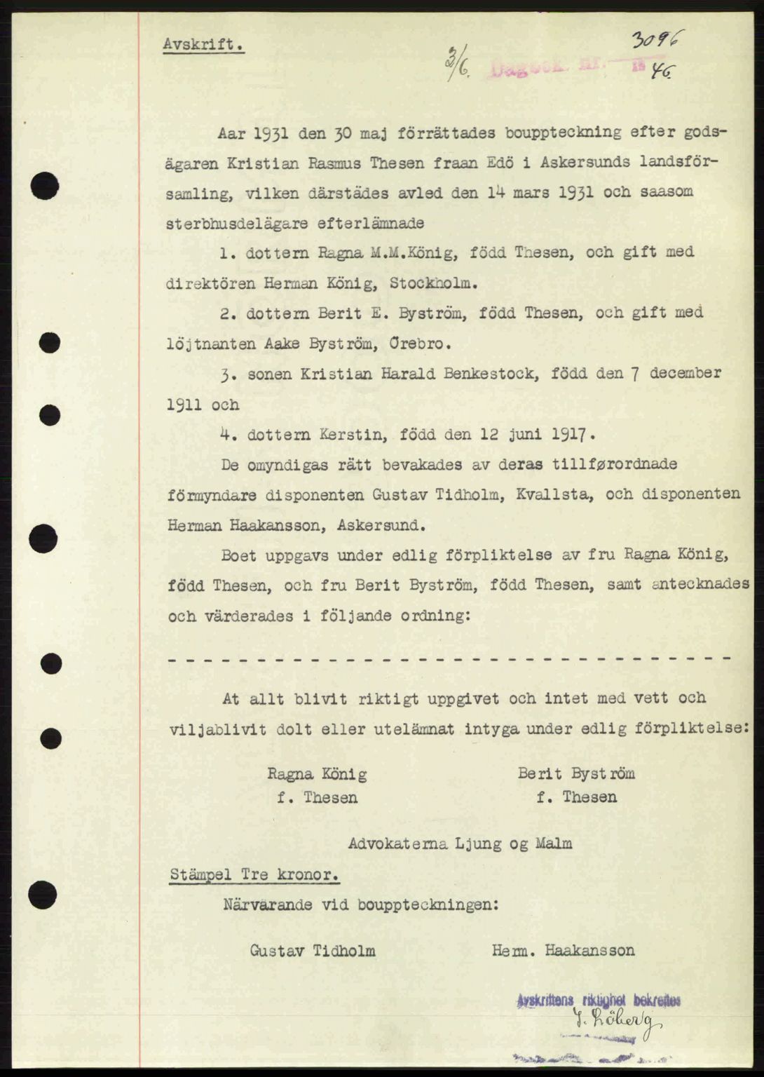 Byfogd og Byskriver i Bergen, SAB/A-3401/03/03Bc/L0022: Mortgage book no. A18, 1946-1946, Diary no: : 3096/1946