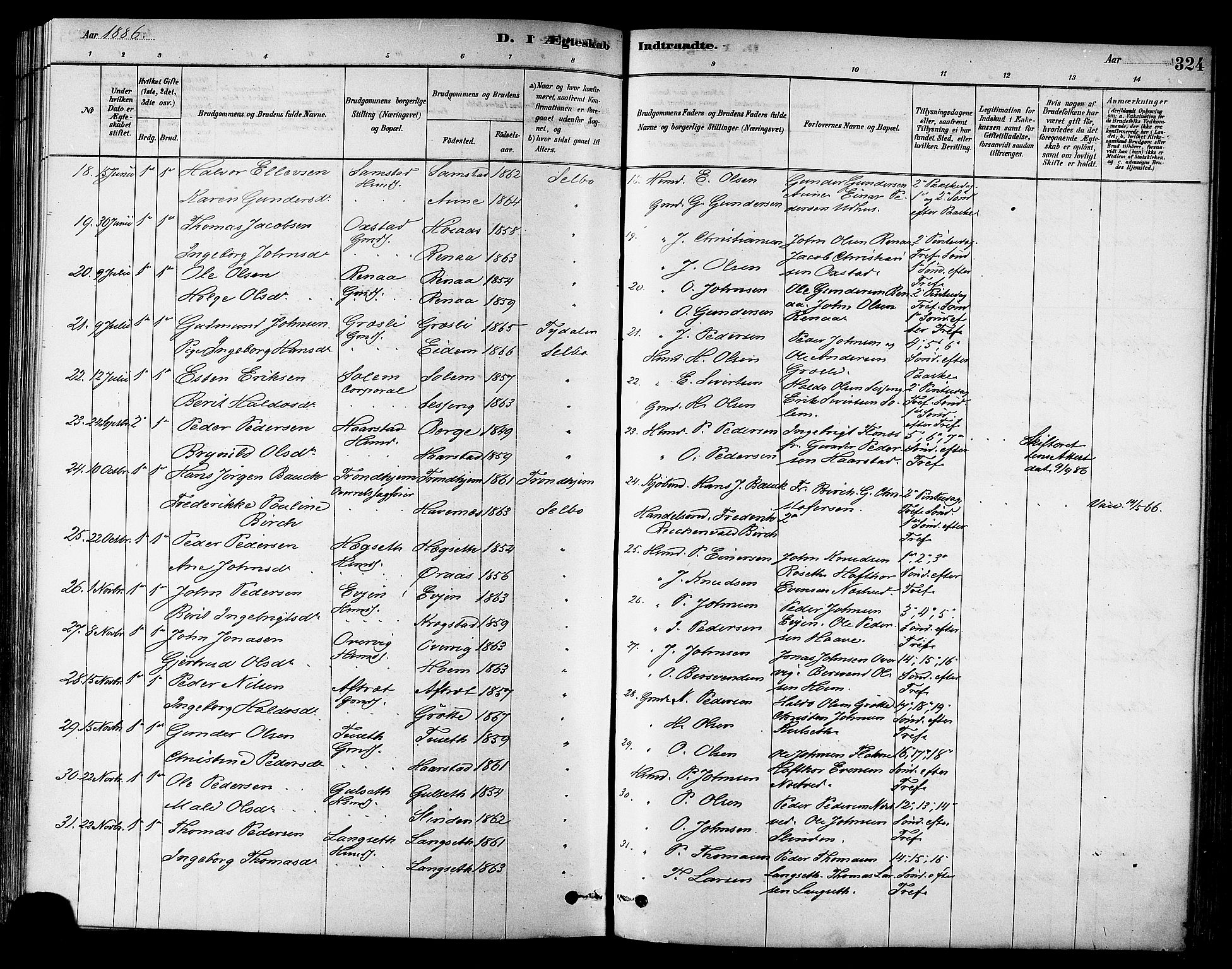 Ministerialprotokoller, klokkerbøker og fødselsregistre - Sør-Trøndelag, SAT/A-1456/695/L1148: Parish register (official) no. 695A08, 1878-1891, p. 324
