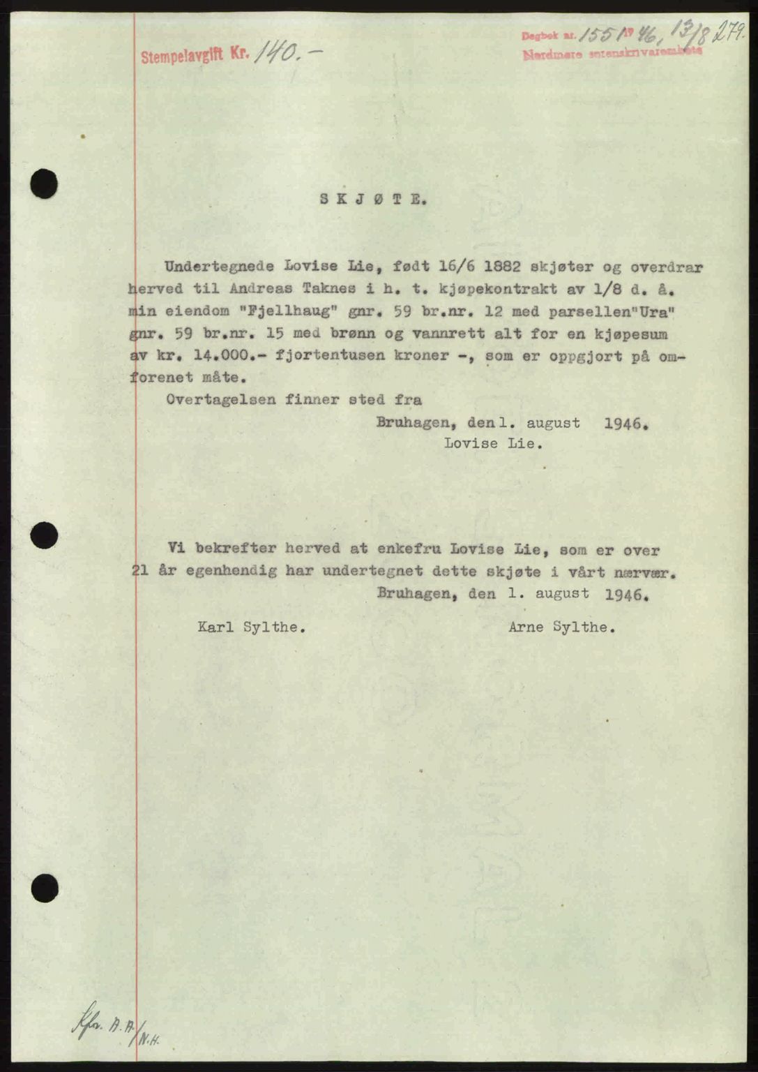 Nordmøre sorenskriveri, AV/SAT-A-4132/1/2/2Ca: Mortgage book no. A102, 1946-1946, Diary no: : 1551/1946