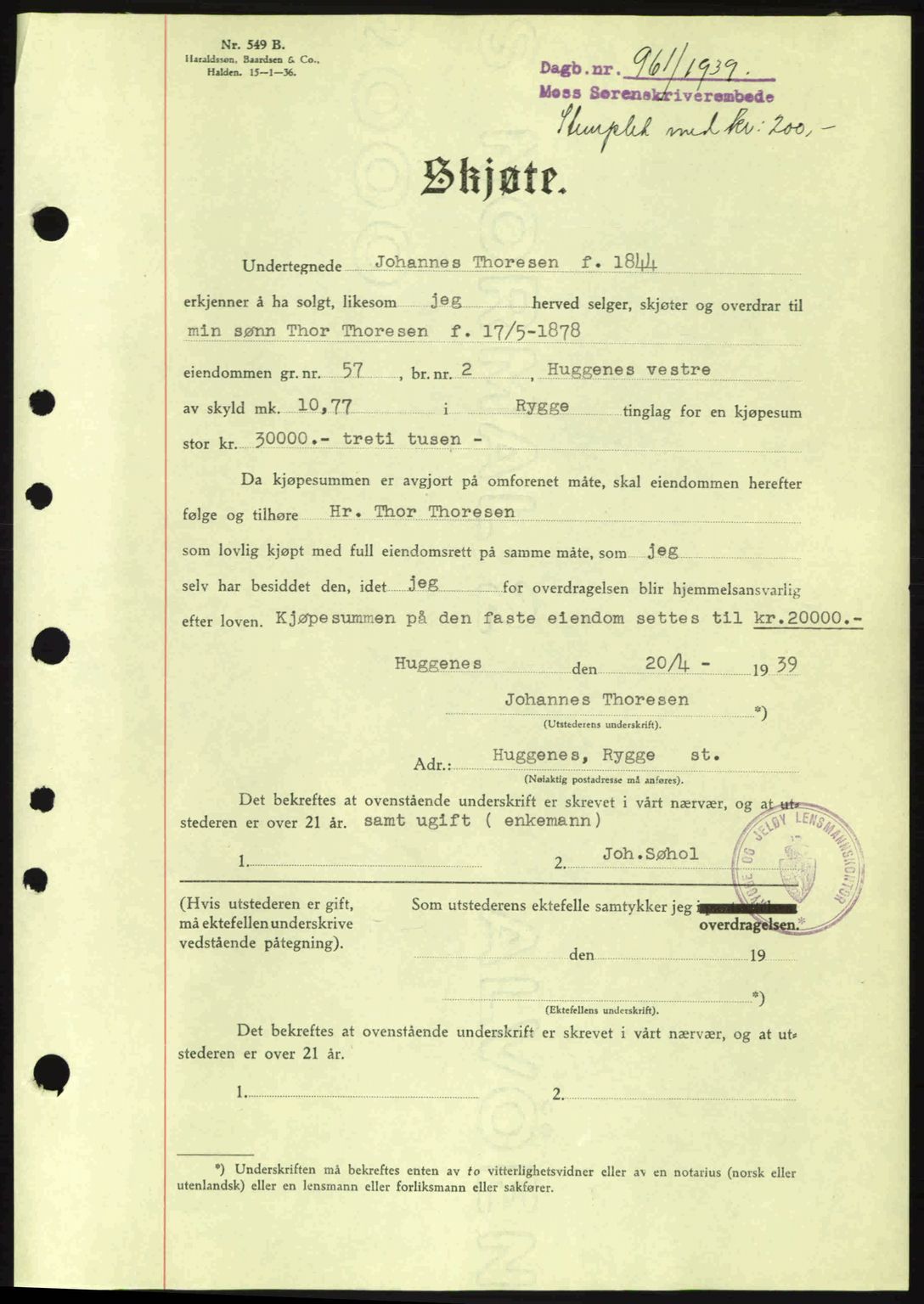 Moss sorenskriveri, SAO/A-10168: Mortgage book no. A5, 1938-1939, Diary no: : 961/1939