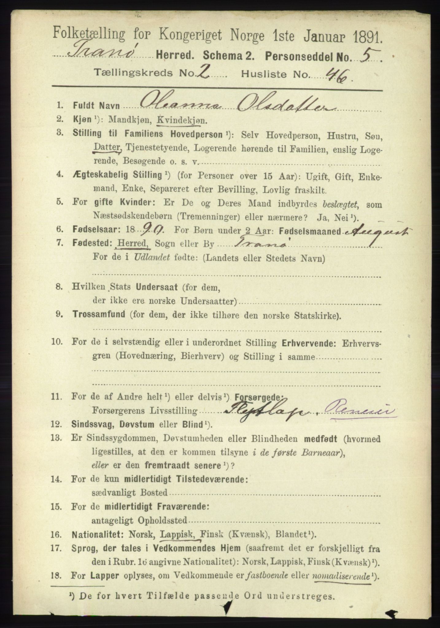 RA, 1891 census for 1927 Tranøy, 1891, p. 800