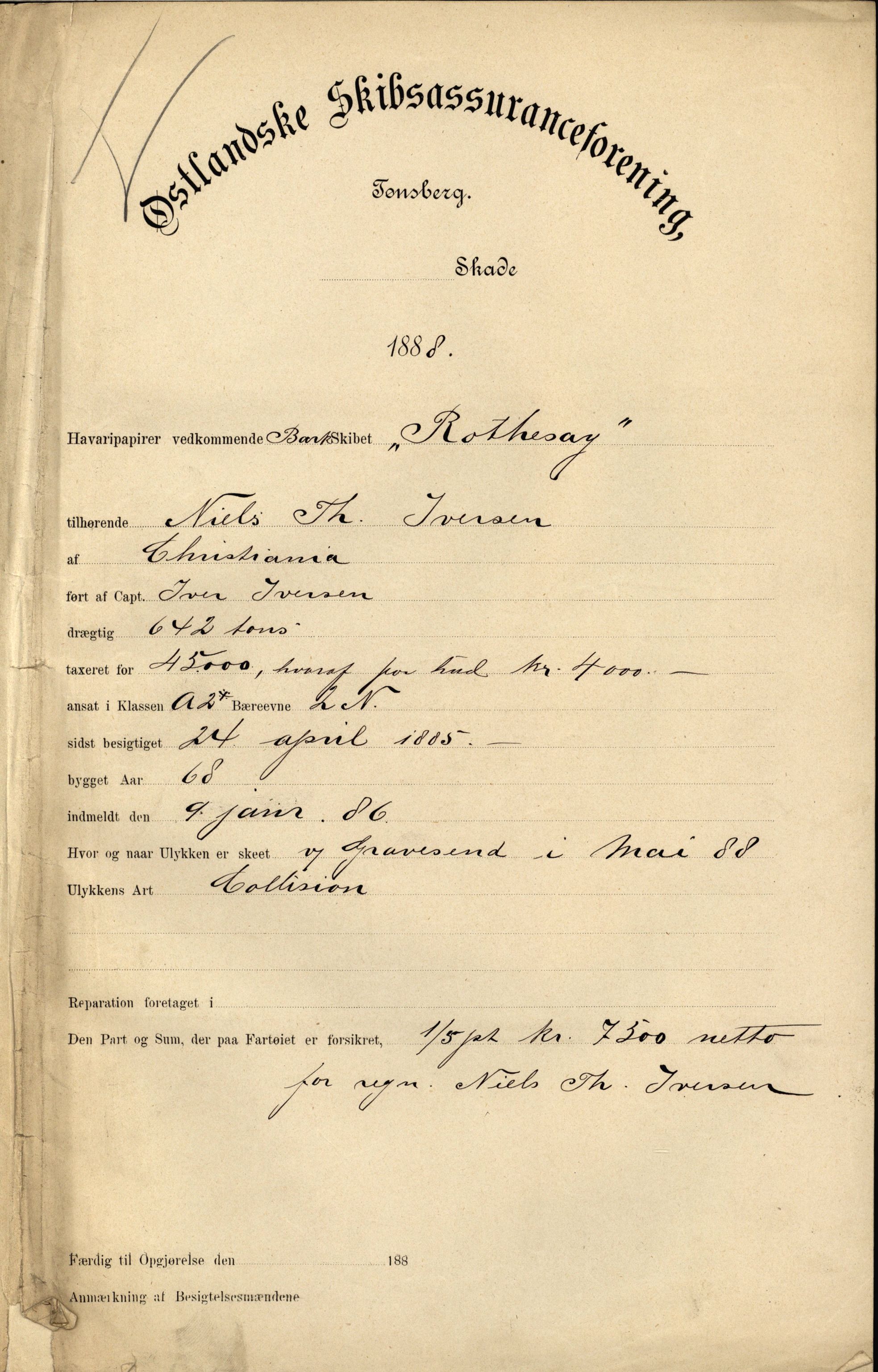 Pa 63 - Østlandske skibsassuranceforening, VEMU/A-1079/G/Ga/L0022/0002: Havaridokumenter / Resolve, Ragnhild, Respit, Rothesay, Skjold, 1888, p. 10