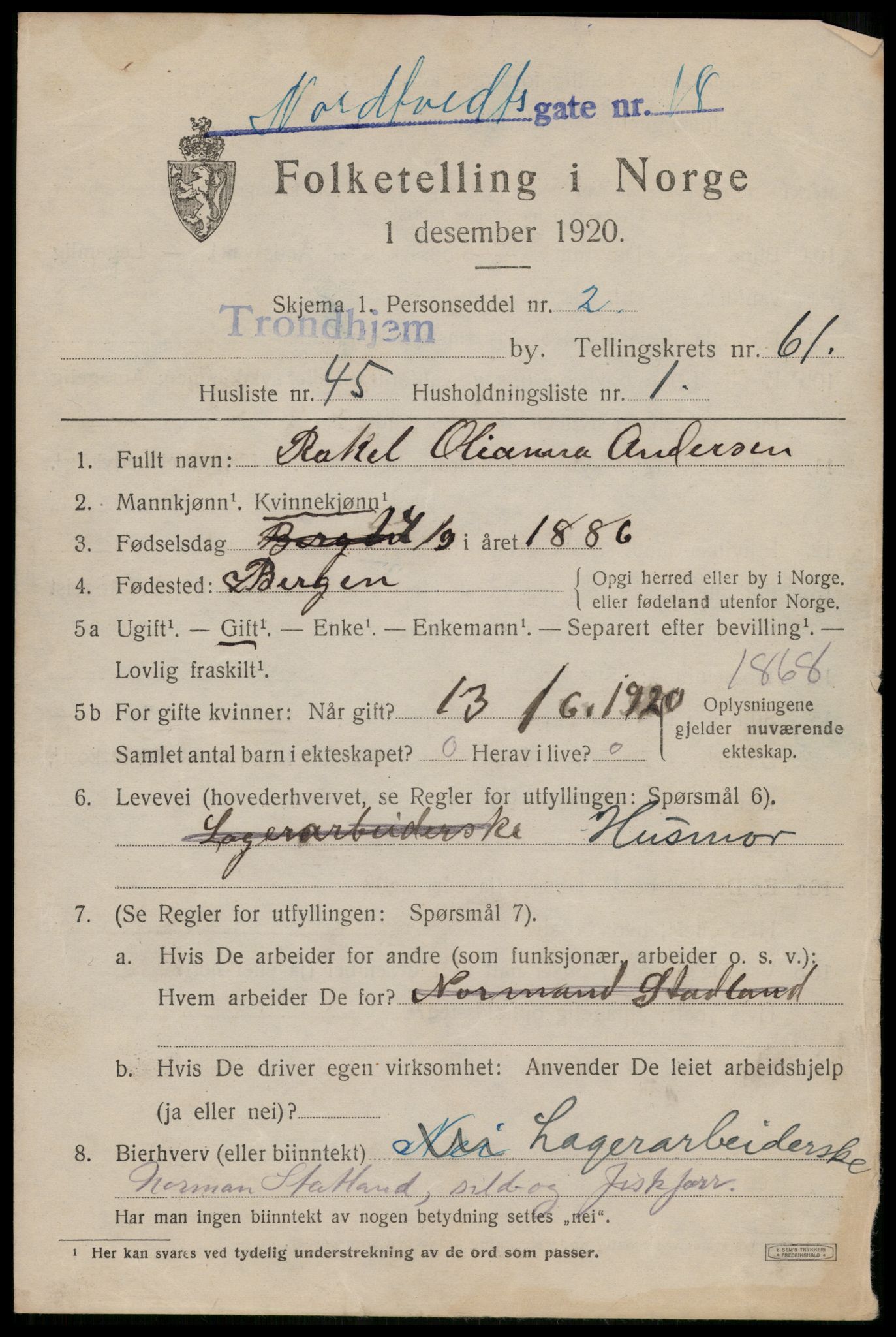 SAT, 1920 census for Trondheim, 1920, p. 123708