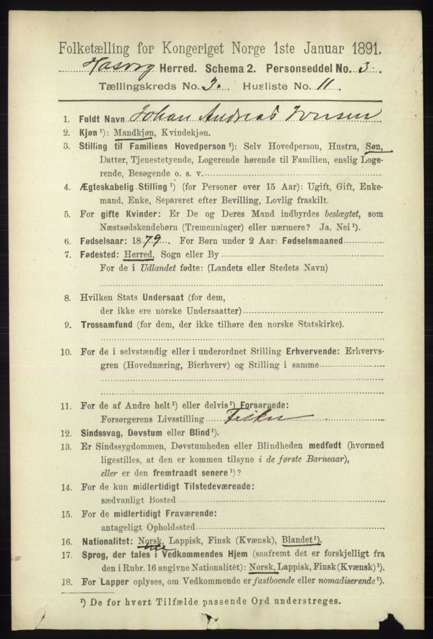 RA, 1891 census for 2015 Hasvik, 1891, p. 462