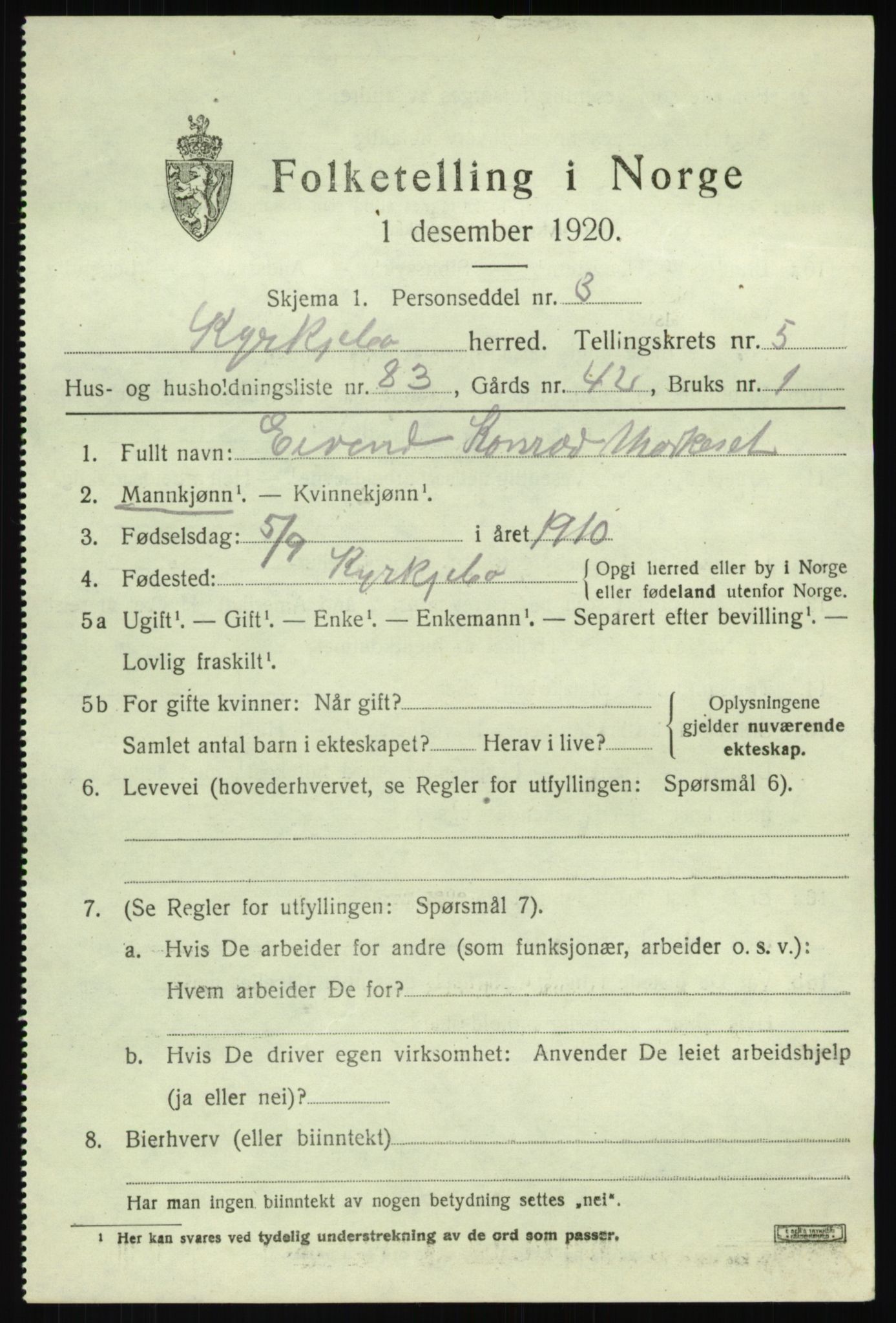 SAB, 1920 census for Kyrkjebø, 1920, p. 2911