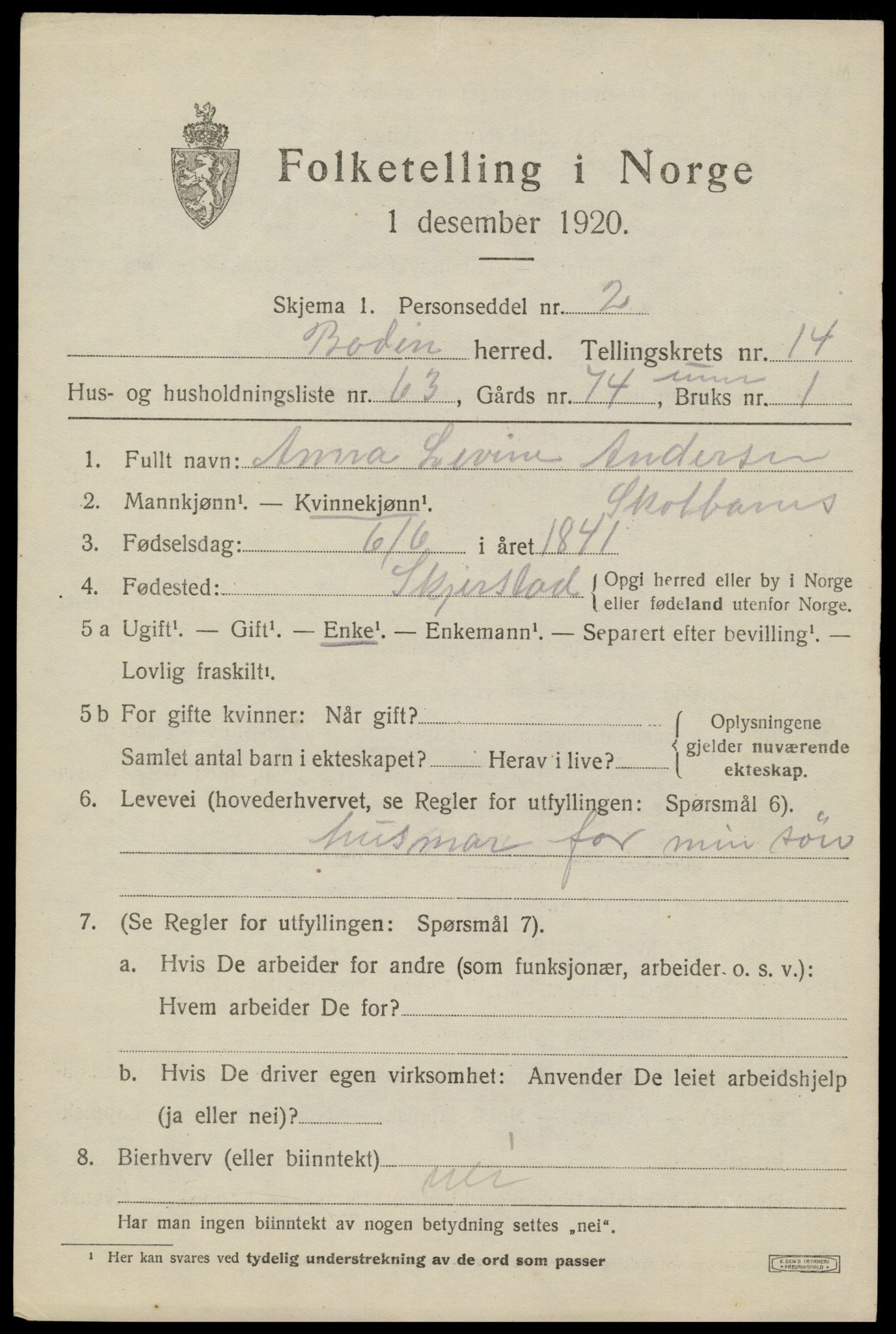 SAT, 1920 census for Bodin, 1920, p. 10876